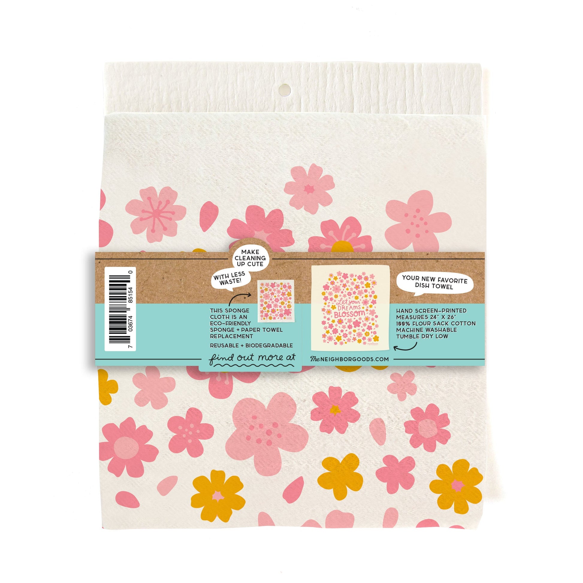 Cotton dish towel with blossoms design, featuring the phrase "Let your dreams blossom"