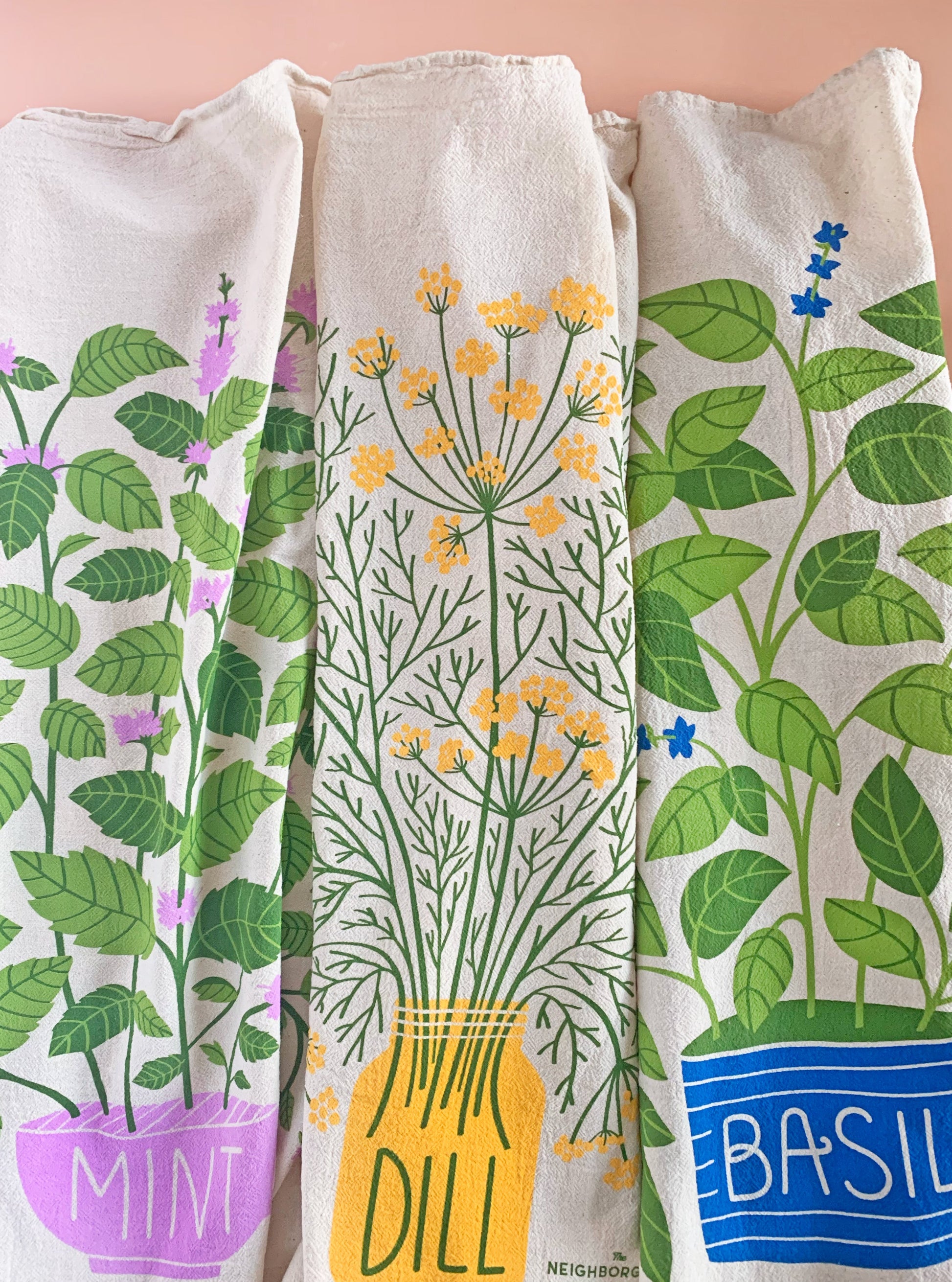 Screen-printed Mint, Dill, and Basil dish towels