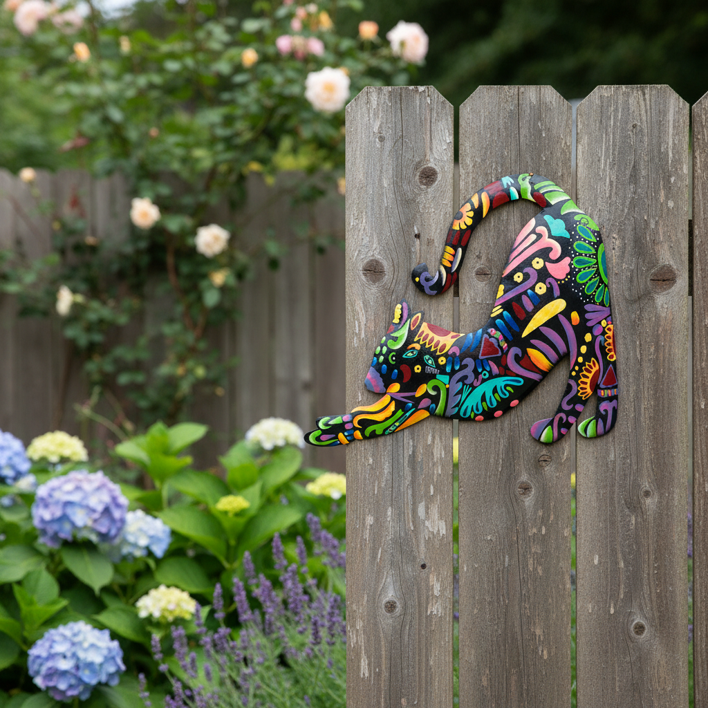 Colorful Haitian metal cat wall art displayed outdoors on a garden fence surrounded by lush greenery