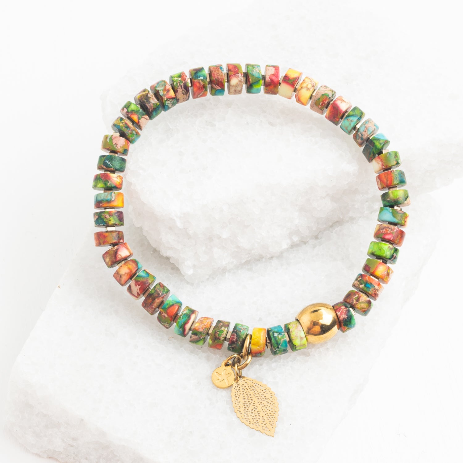 Colorful stretch bracelet, emperor stone hematite bracelet, copper leaf, gold plated stainless steel starfish tag, women's fair trade jewelry