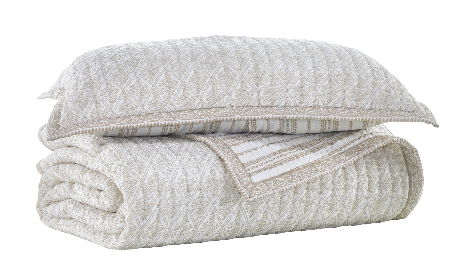 KS-348-2036_2|Soft light beige & white patterned quilted bedspread and matching pillow sham. Elegant decorative bedding quilt set for bedroom.