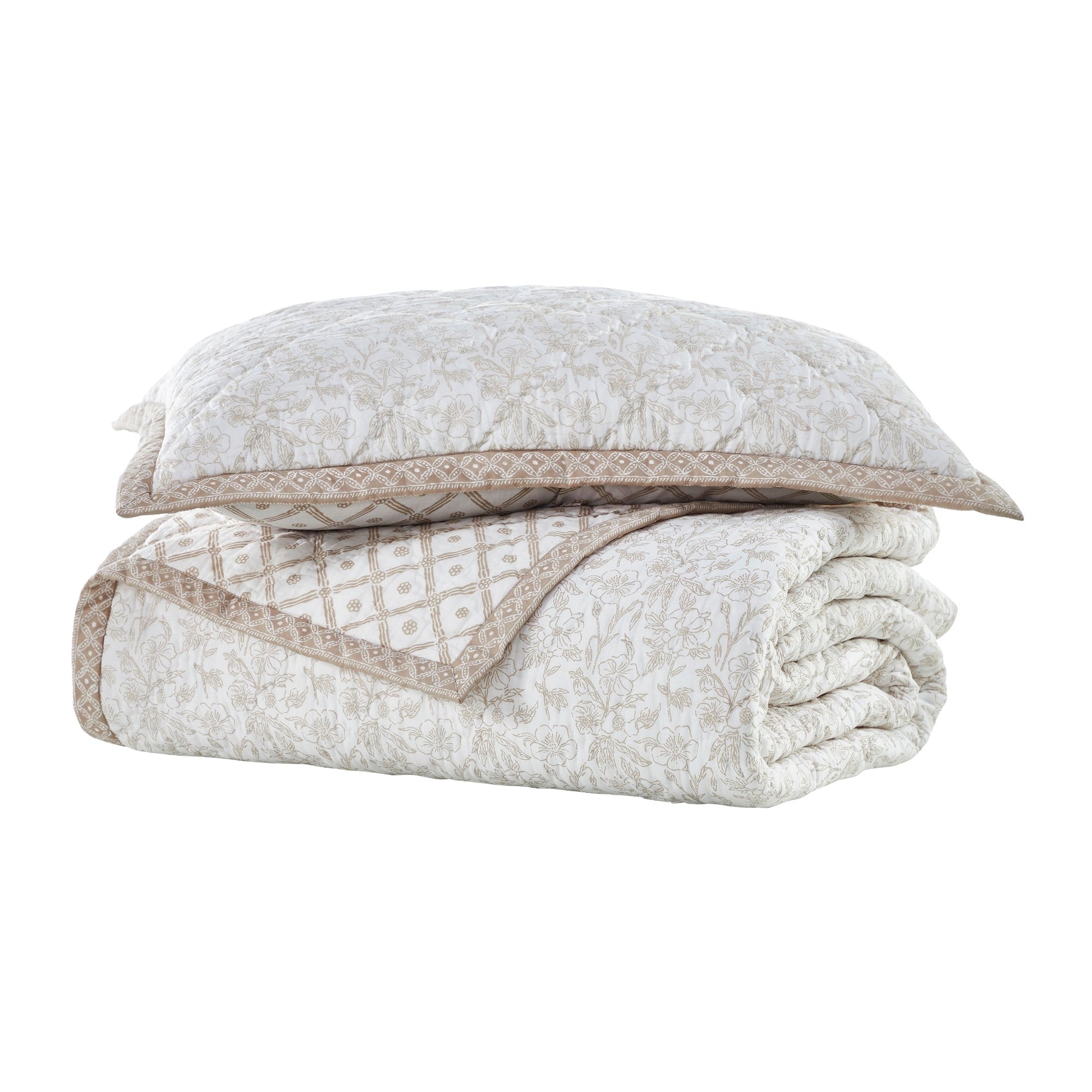 QT-346-11096_6|Natural beige floral quilt and pillow set. Reversible intricate geometric pattern border. Soft bedding for bedroom comfort.