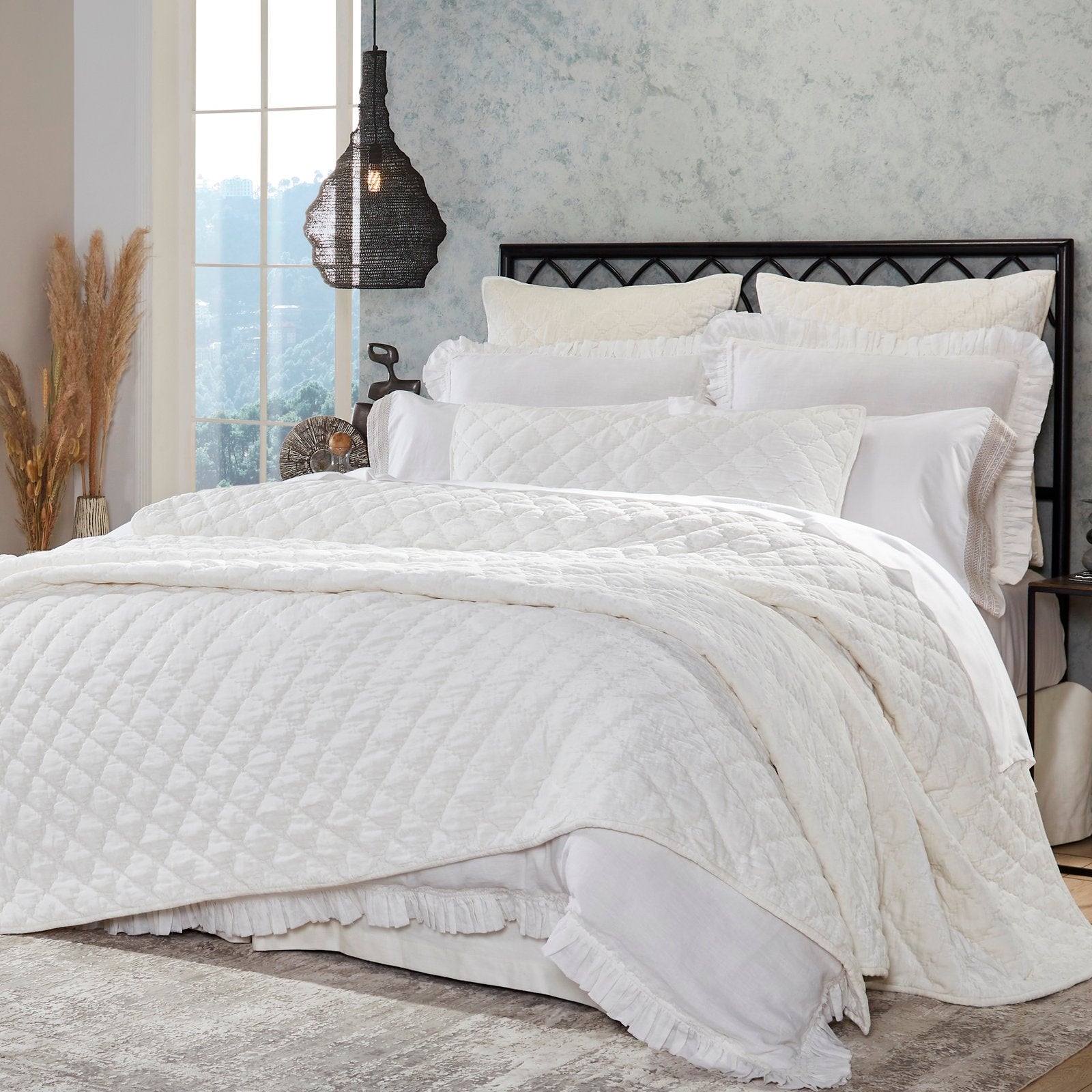 QT-343-9496_1|Crisp white velvet quilt with elegant diamond quilting, offering a luxurious and pristine touch for any contemporary bedroom.