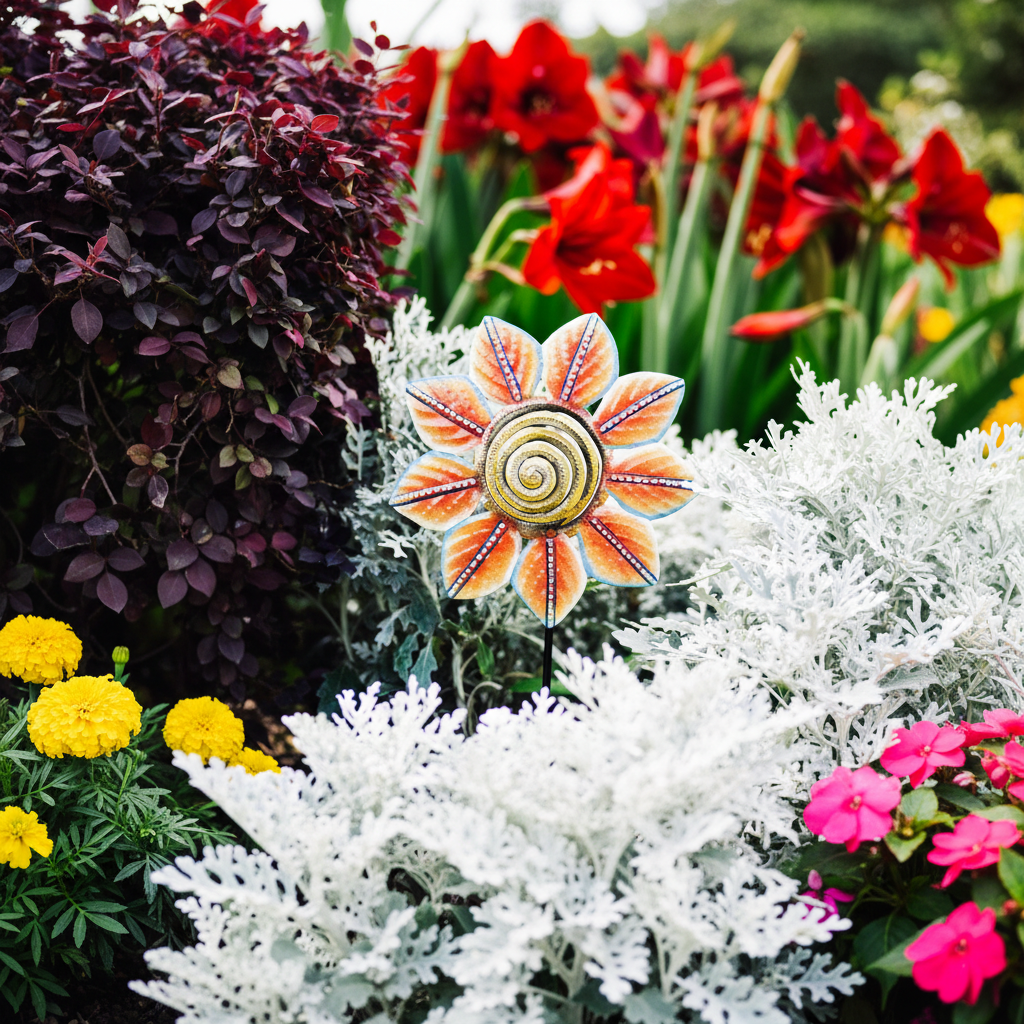 Orange Petal Painted Garden Stake in lush garden bed outdoor lifestyle