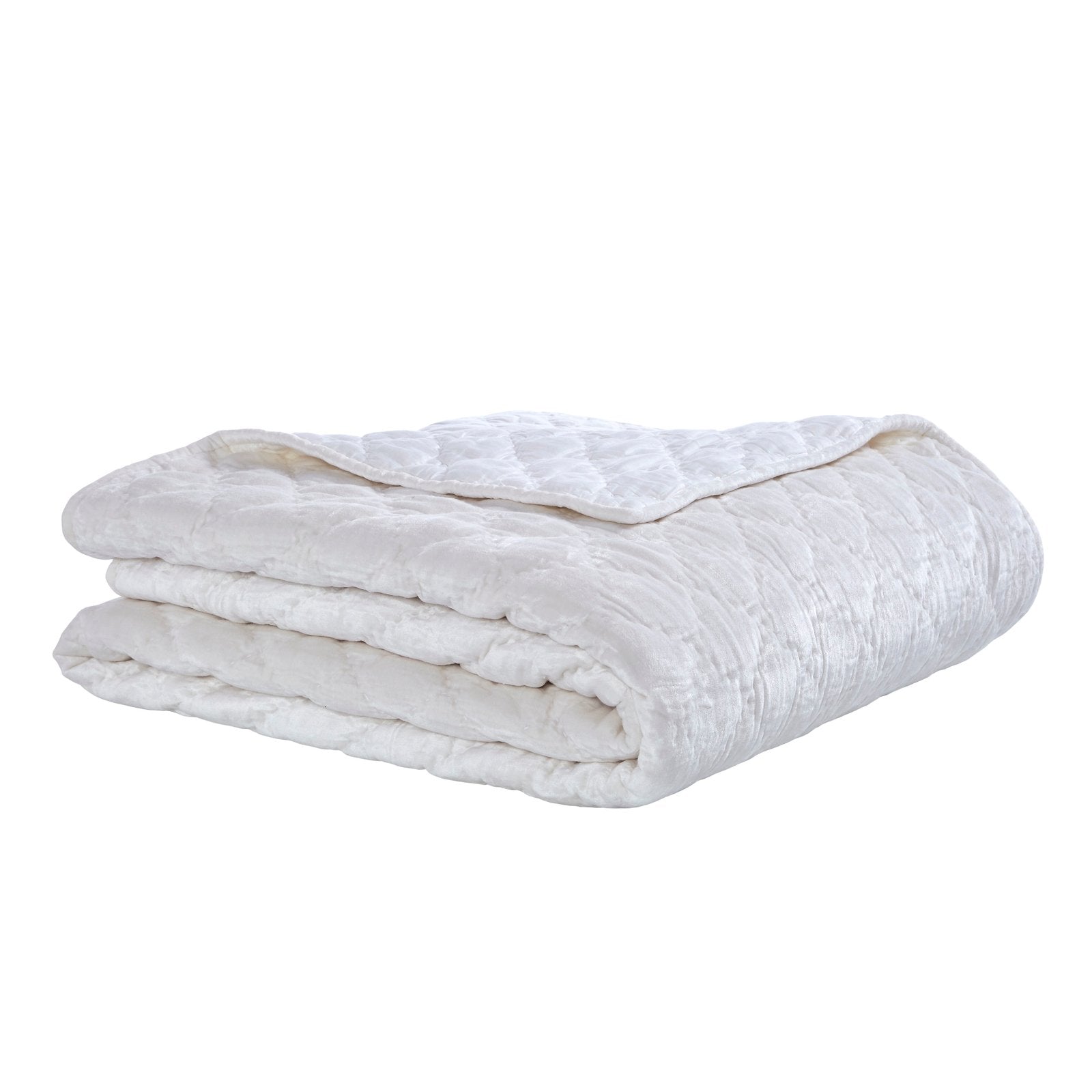 QT-343-11096_2|Folded white velvet quilt showcasing intricate diamond quilting. Luxuriously soft and plush, perfect for crisp bedroom comfort.