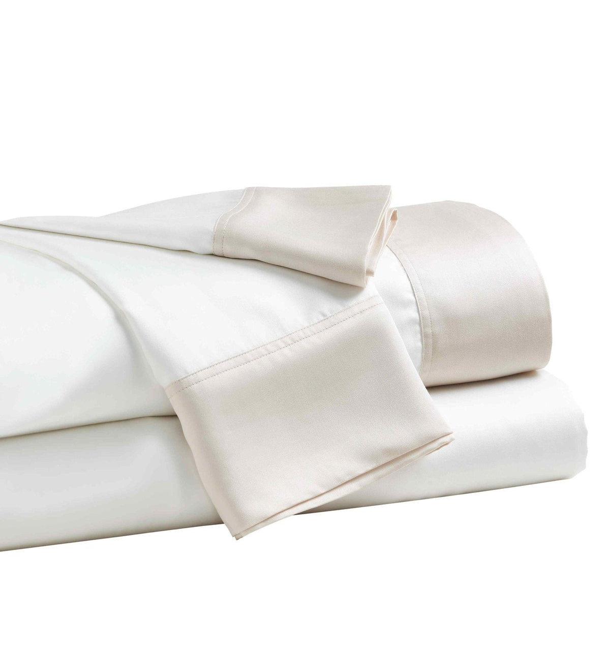KSS-512-7880_3|Folded 100% Lyocell sheets in white with beige trim, highlighting the smooth, luxurious fabric, perfect for breathable comfort.
