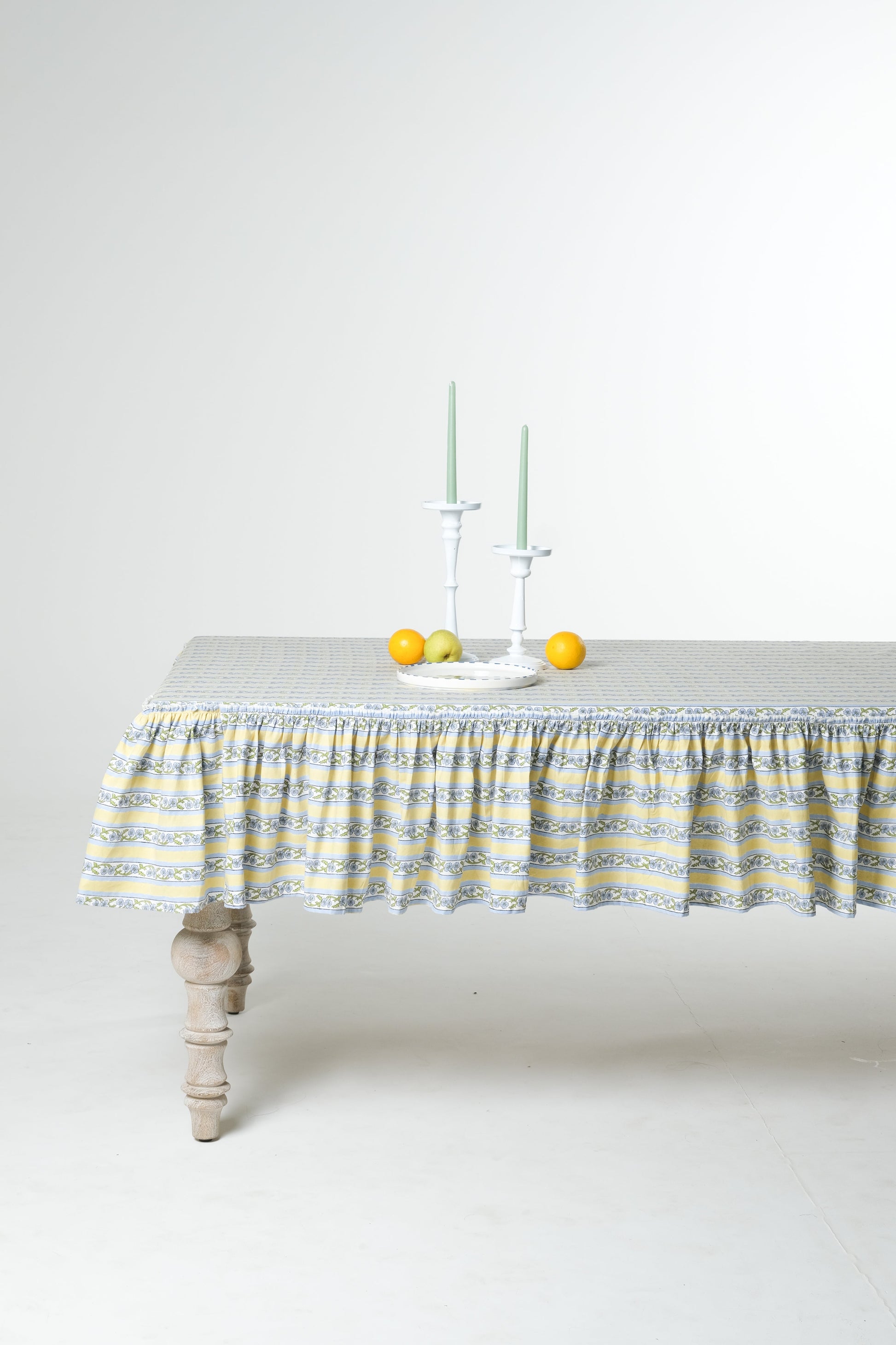 Inner Child Provence ruffled butter yellow blockprint tablecloth with fruit decor