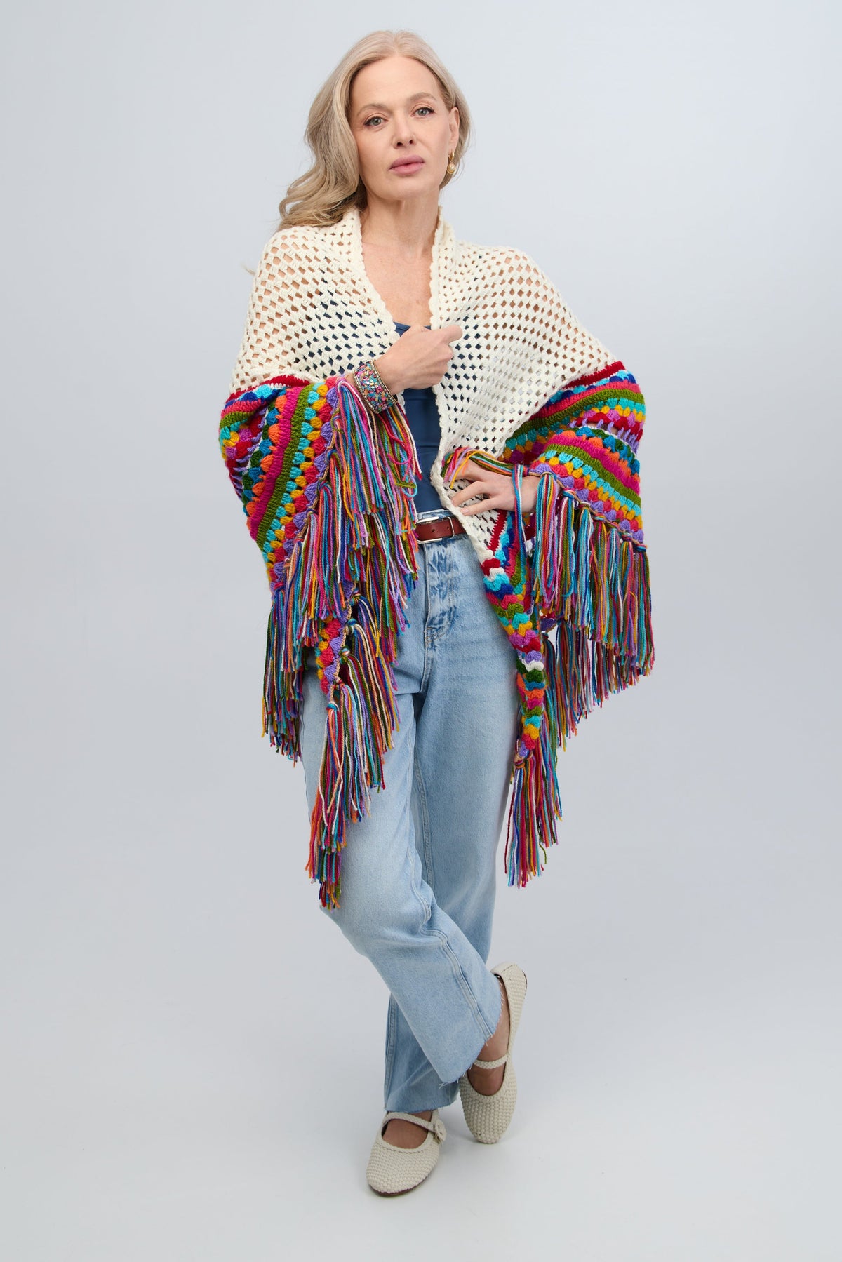 Rainbow Crochet Fringe Wrap - White