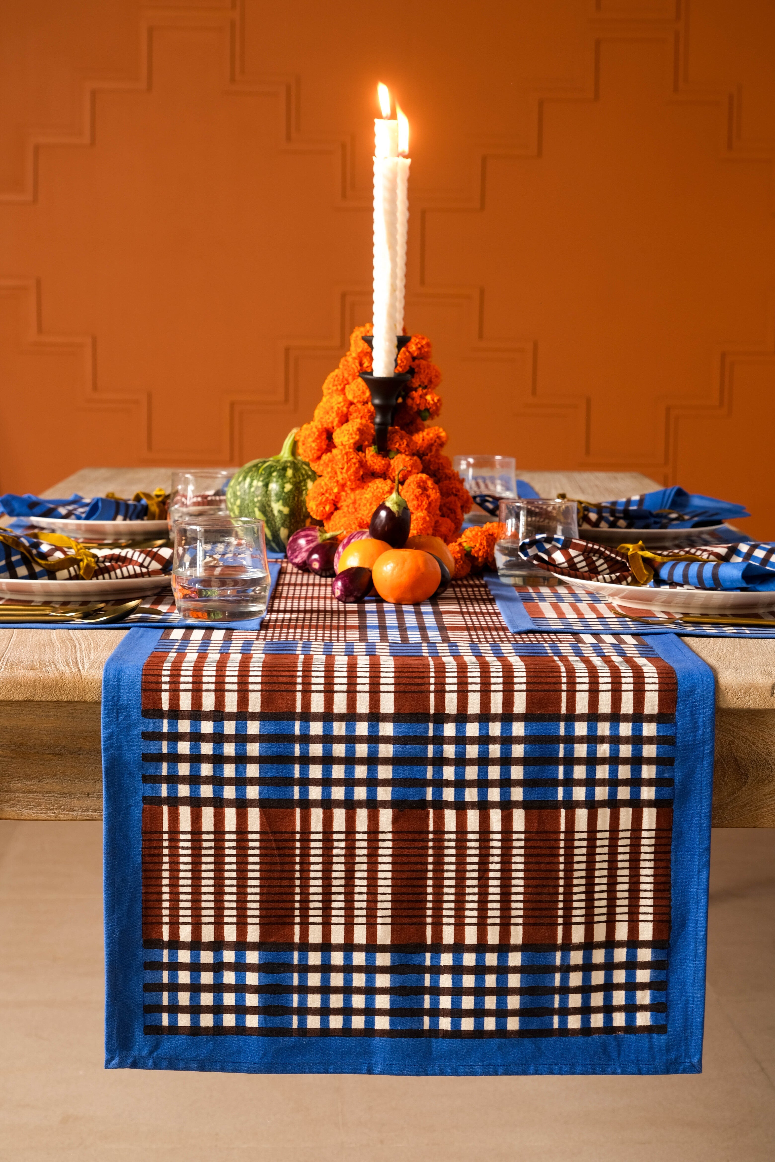 Brown and blue Shetland plaid blockprint taberunner on dining table