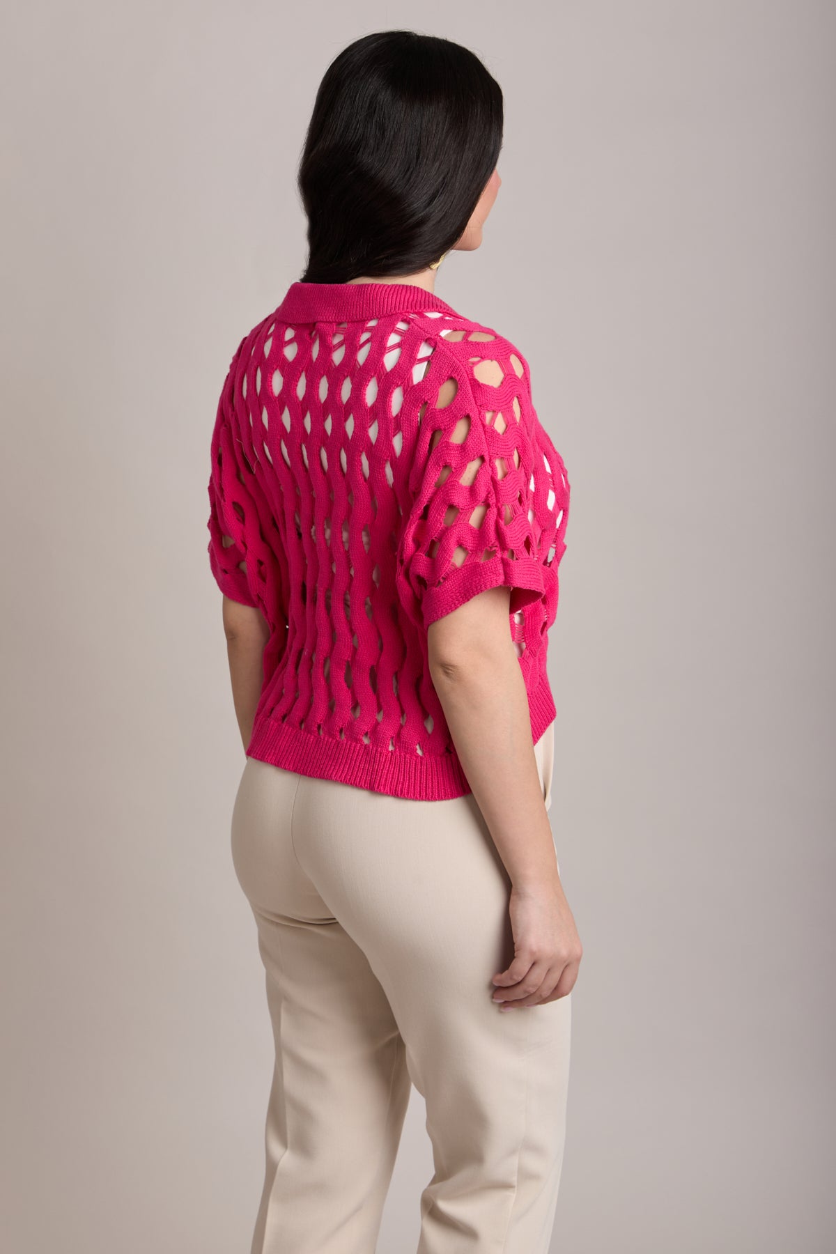 Knit Cut-Out Collared Shirt - Fuchsia