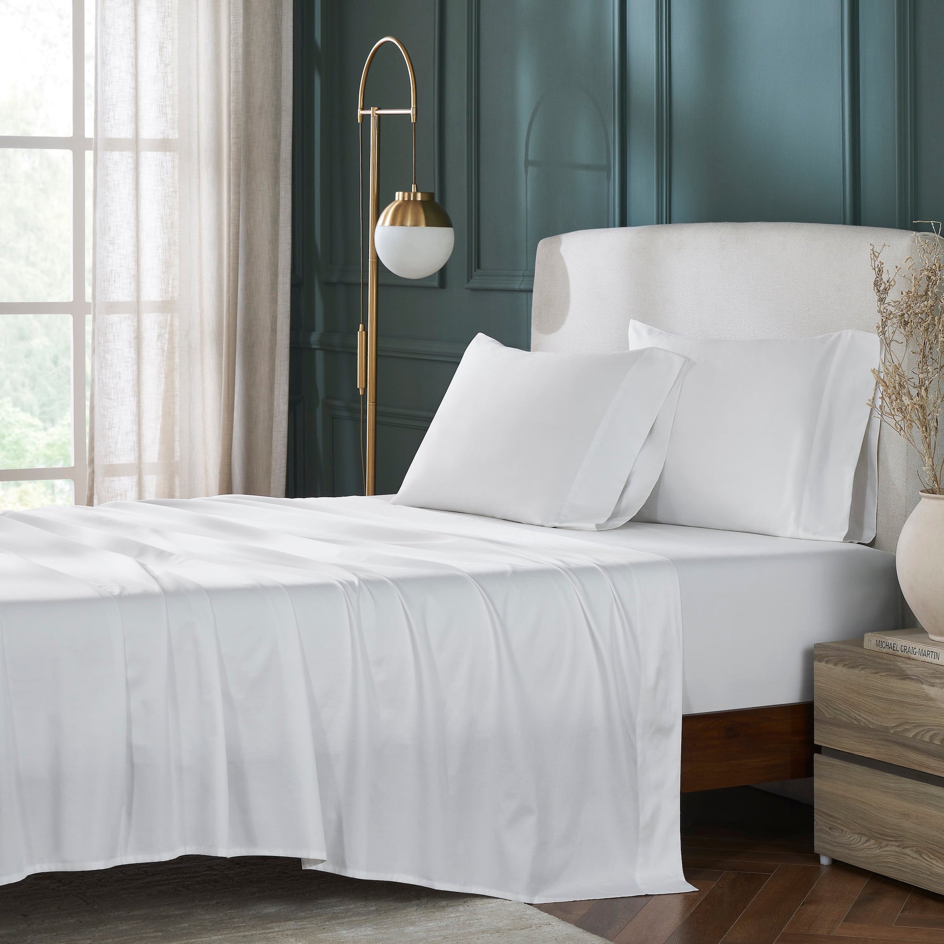 QSS-535-6080_1|Crisp white 100% cotton sheets on a neatly made bed, showcasing breathable and soft natural bedding for a luxurious feel.