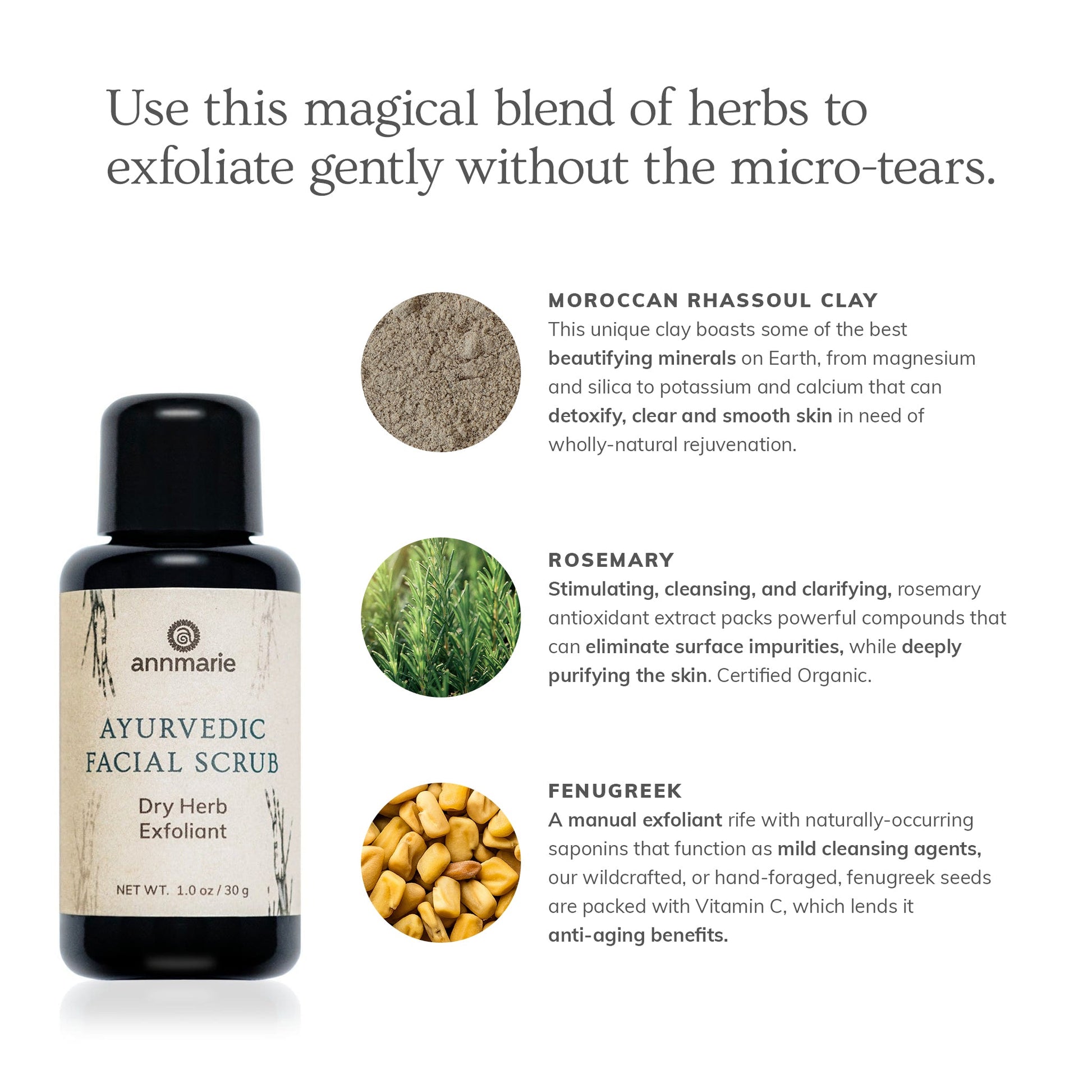 Annmarie Ayurvedic Facial Scrub dry herb exfoliant with Moroccan rhassoul clay, rosemary, and fenugreek for gentle natural exfoliation.
