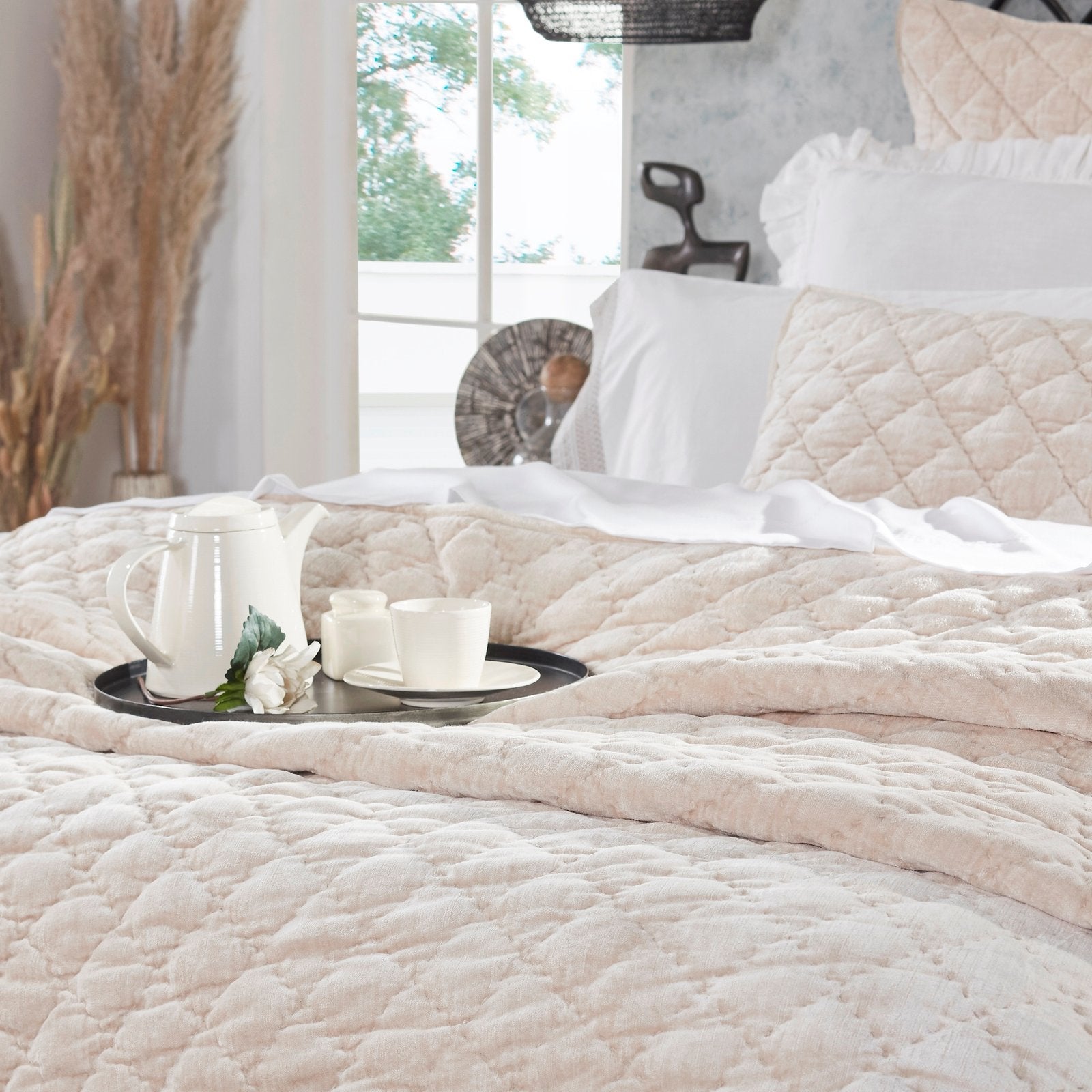 QT-342-11096_4|Plush blush pink quilt with a charming diamond texture, elegantly draped, creating cozy warmth for a serene bedroom.