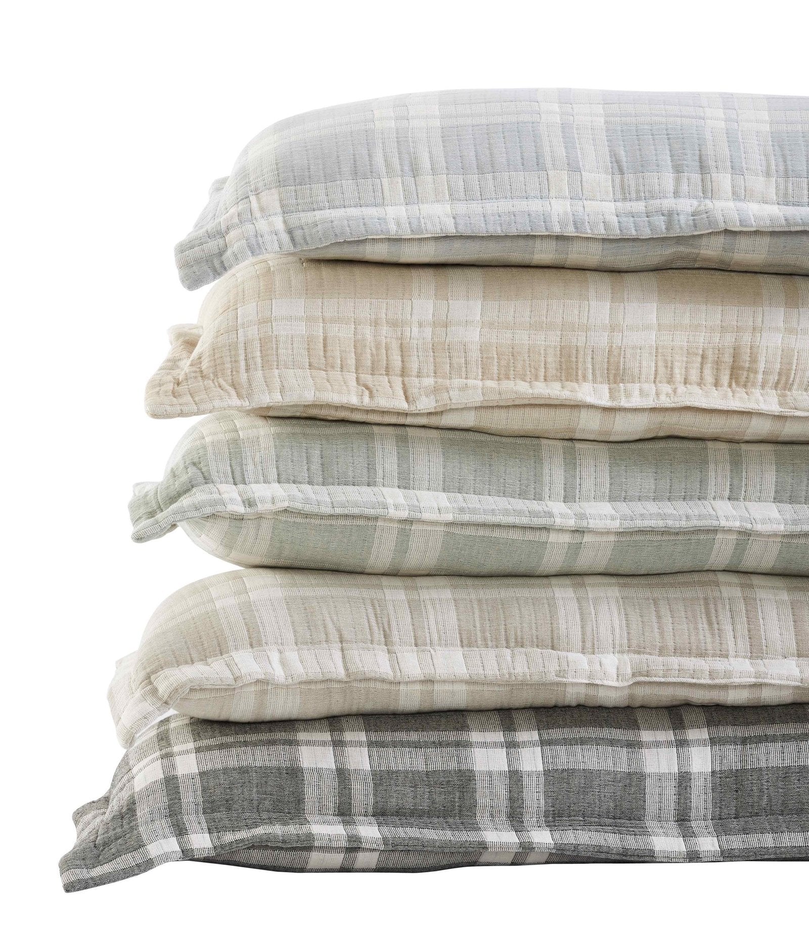 TP-117-1640_2|Stack of assorted plaid decorative pillows, showcasing various soft hues for a cozy and inviting bedroom aesthetic.