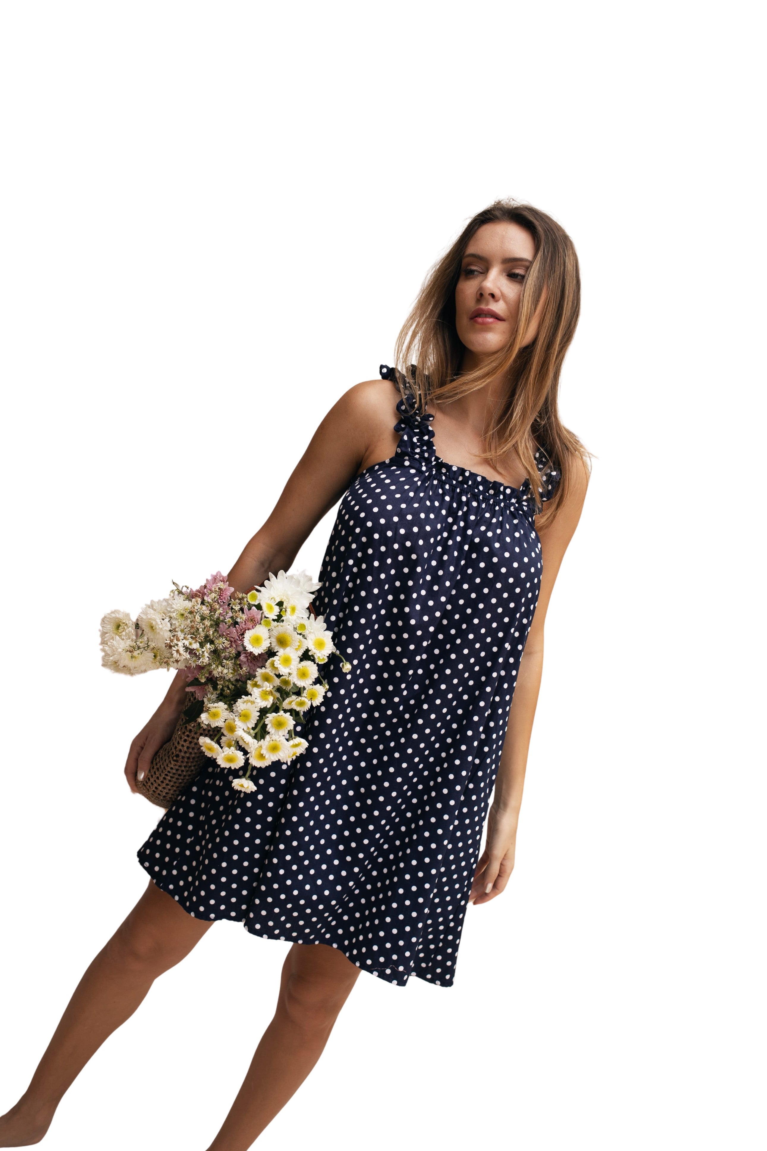 Mila Navy — women's navy polka dot cotton mini dress with gathered neckline and slim straps