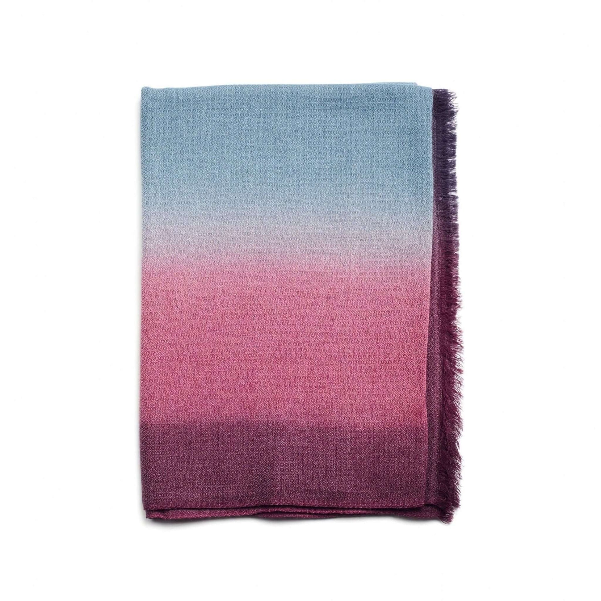 Iris Haze Blue Pink Cashmere Merino Handloom Scarf with gradient hues of blue, pink, and magenta.