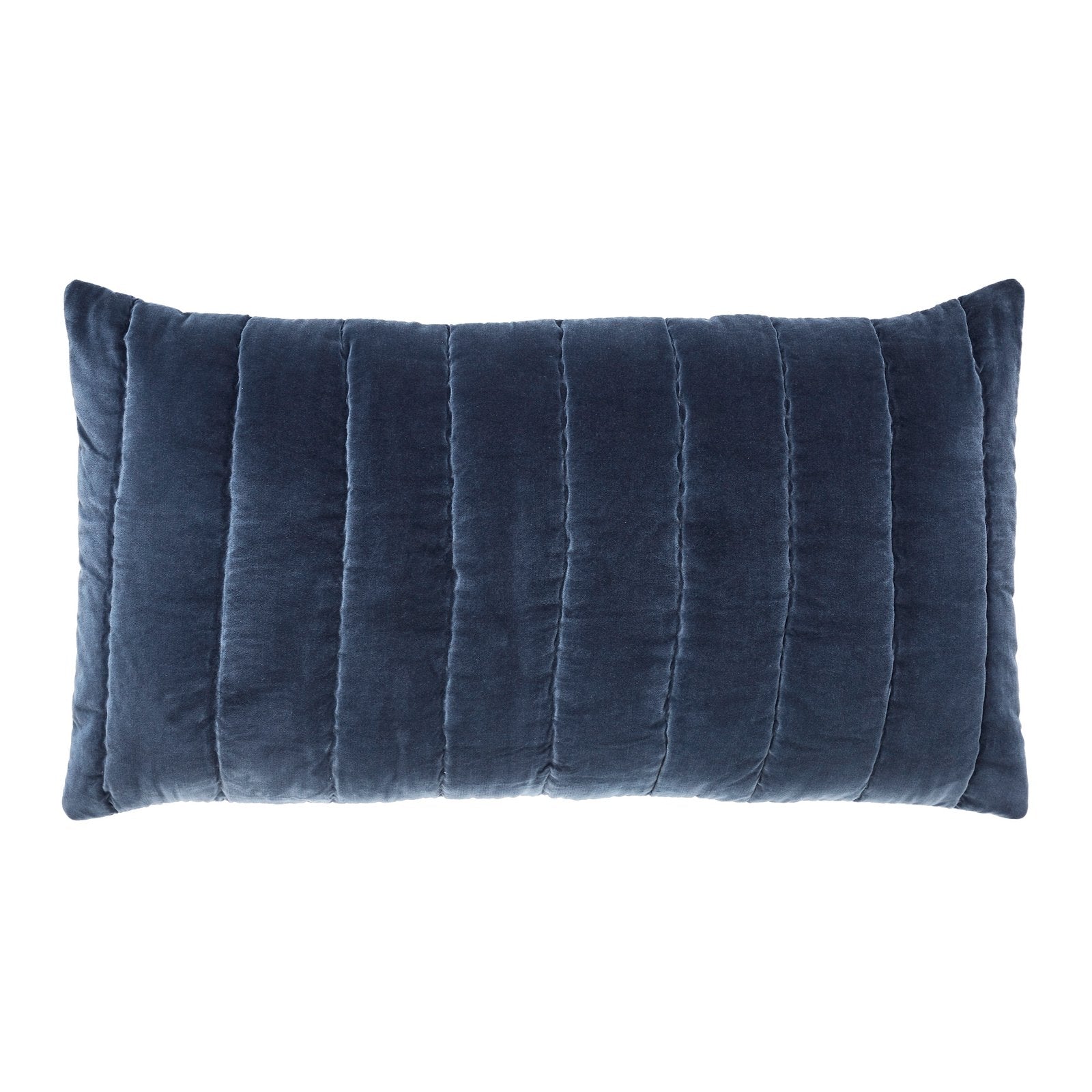 KS-335-2036_1|Plush navy blue velvet quilt with vertical channel stitching, providing a luxurious and soft texture. Elegant bedding accent.