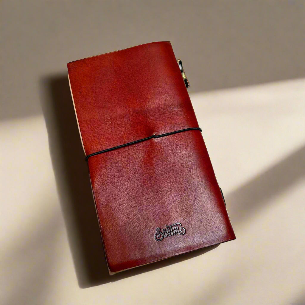 Soothi travel leather journal – personalize your adventure companion with names, quotes, or coordinates for meaningful journeys and lasting memories