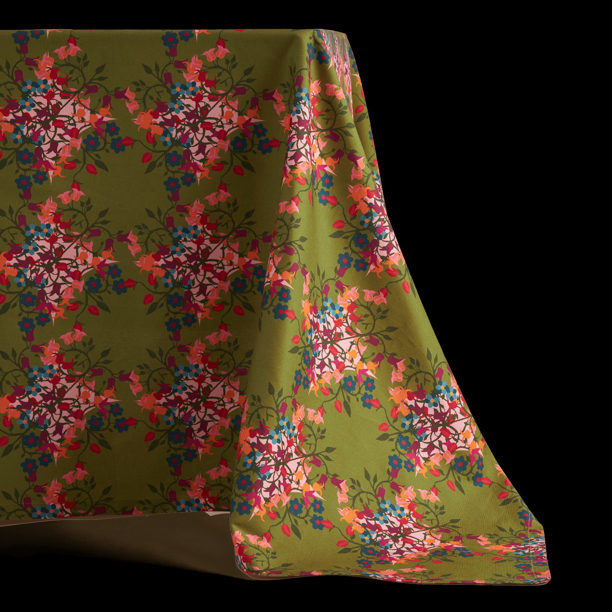 Floral green printed organic cotton tablecloth.