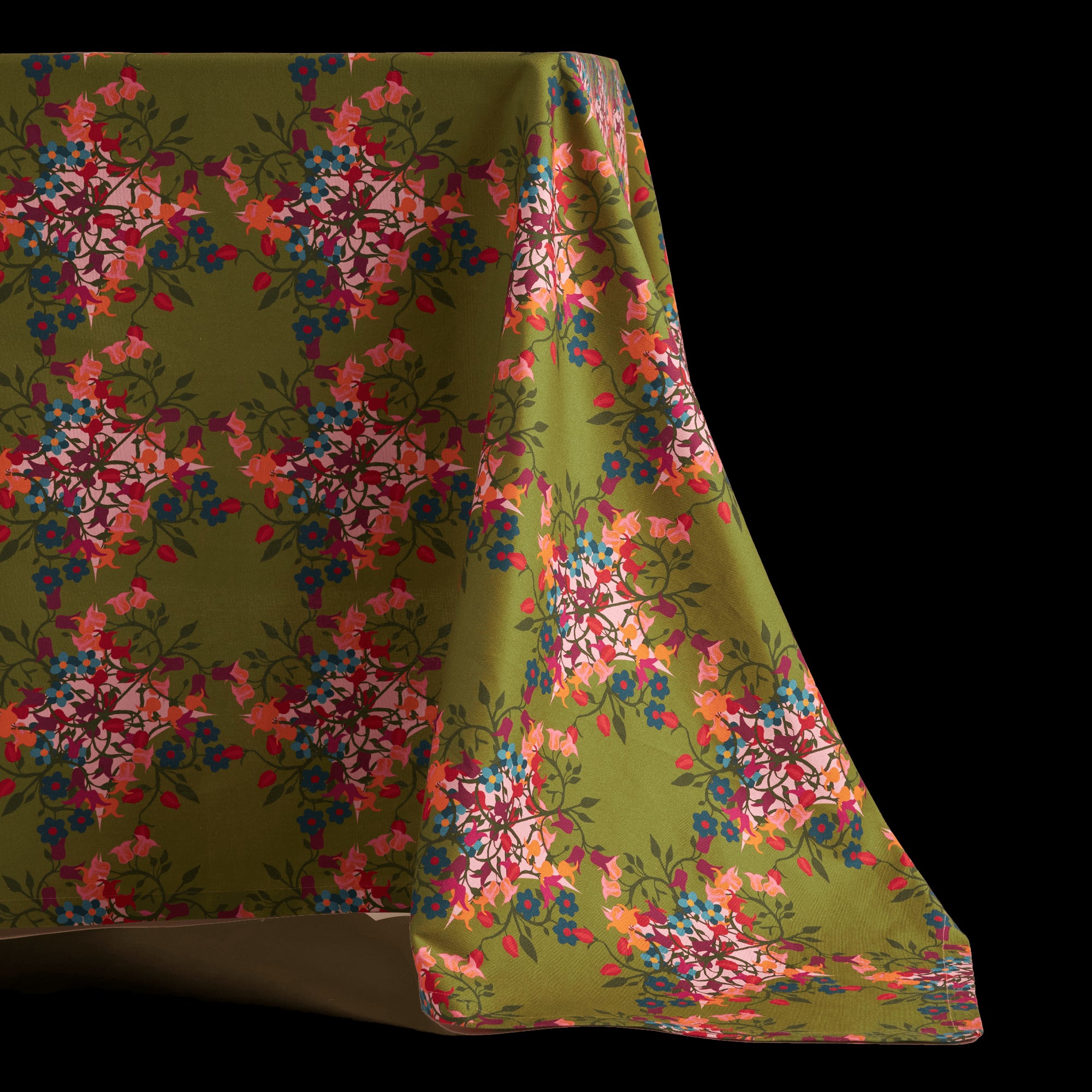 Floral green printed organic cotton tablecloth.