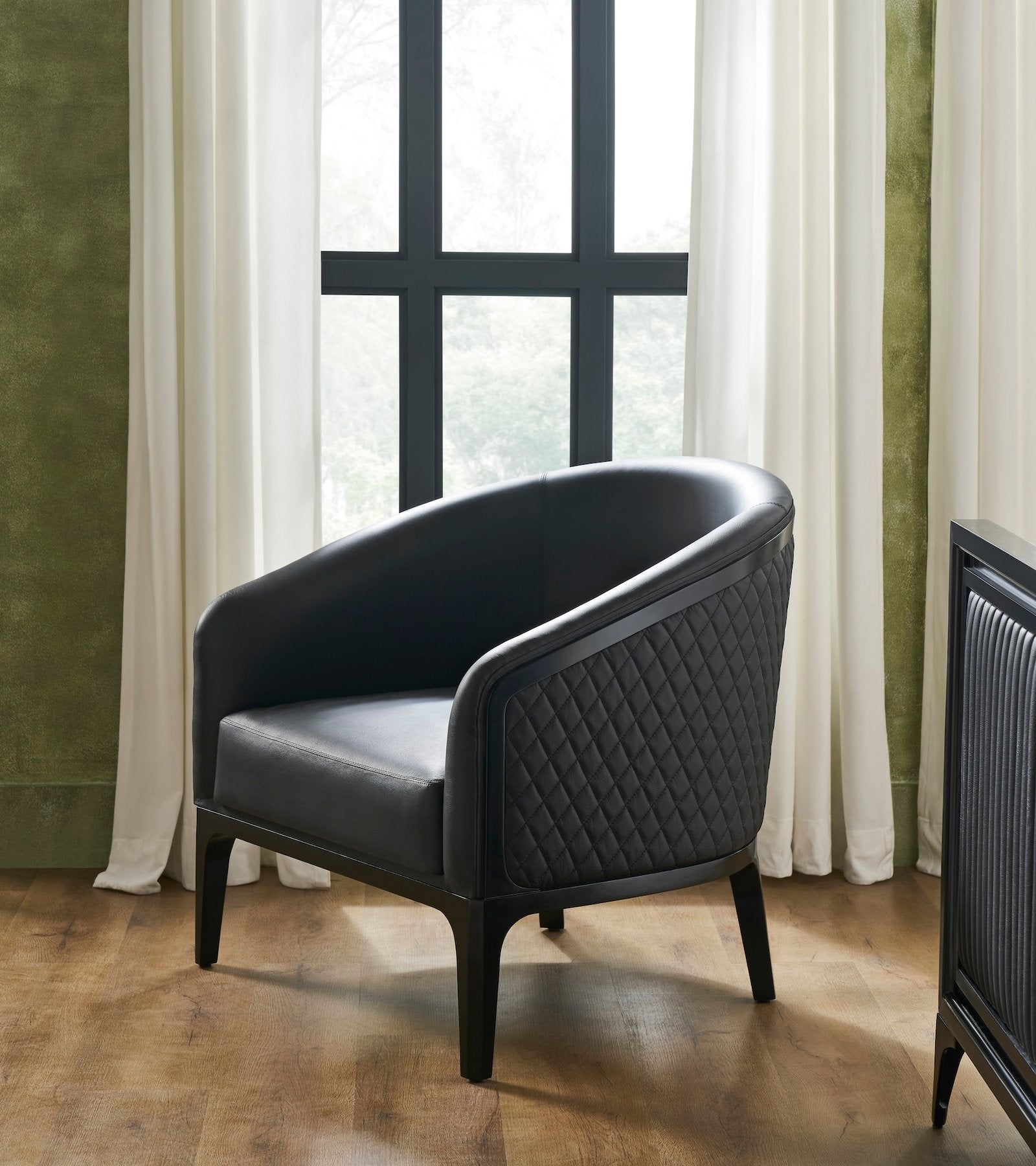 FN-5204-X_1|Sophisticated black nightstand featuring elegant vertical ribbed texture, minimalist design, and discreet golden hardware.