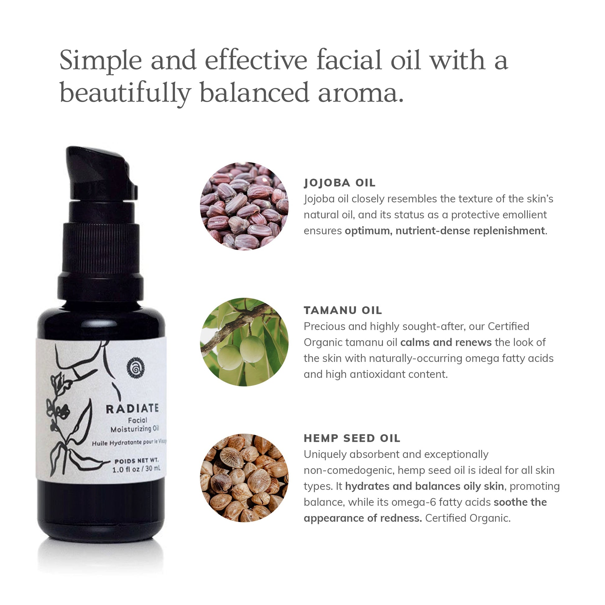 Radiate Facial Moisturizing Oil with ingredient highlights showing jojoba oil, tamanu oil, and hemp seed oil, explaining how each ingredient nourishes, calms, and balances the skin.