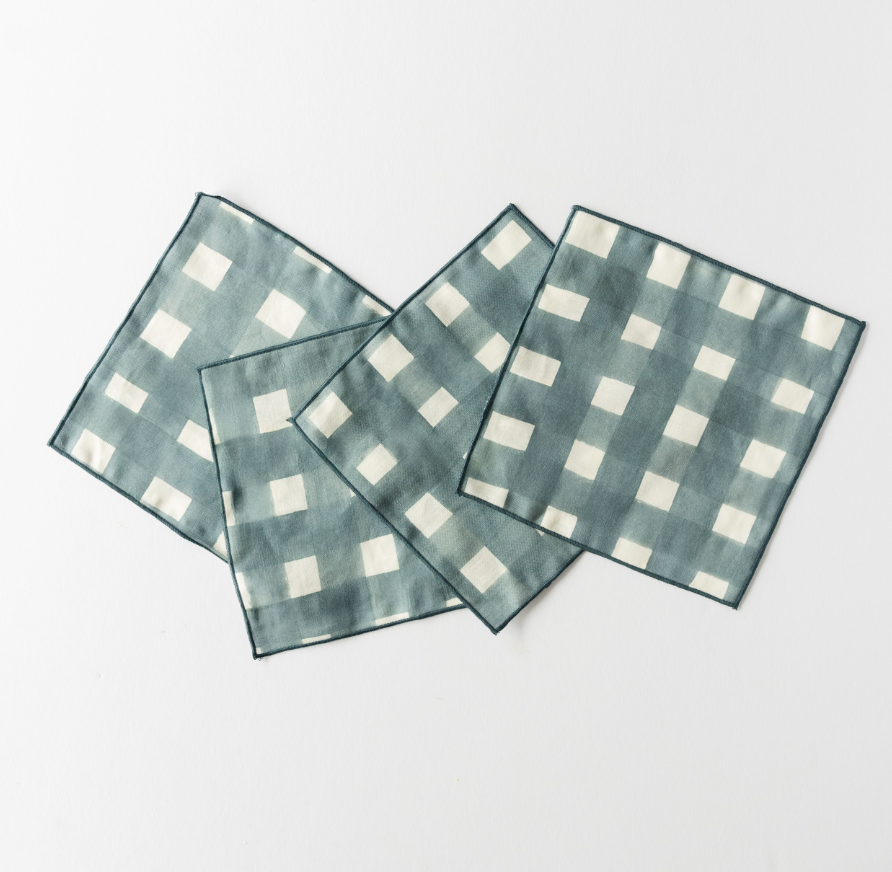 Blue Cross-Hatch linen cocktail napkins set of 4 with painterly brushstroke cross-hatch in cool blue - Goldie Home