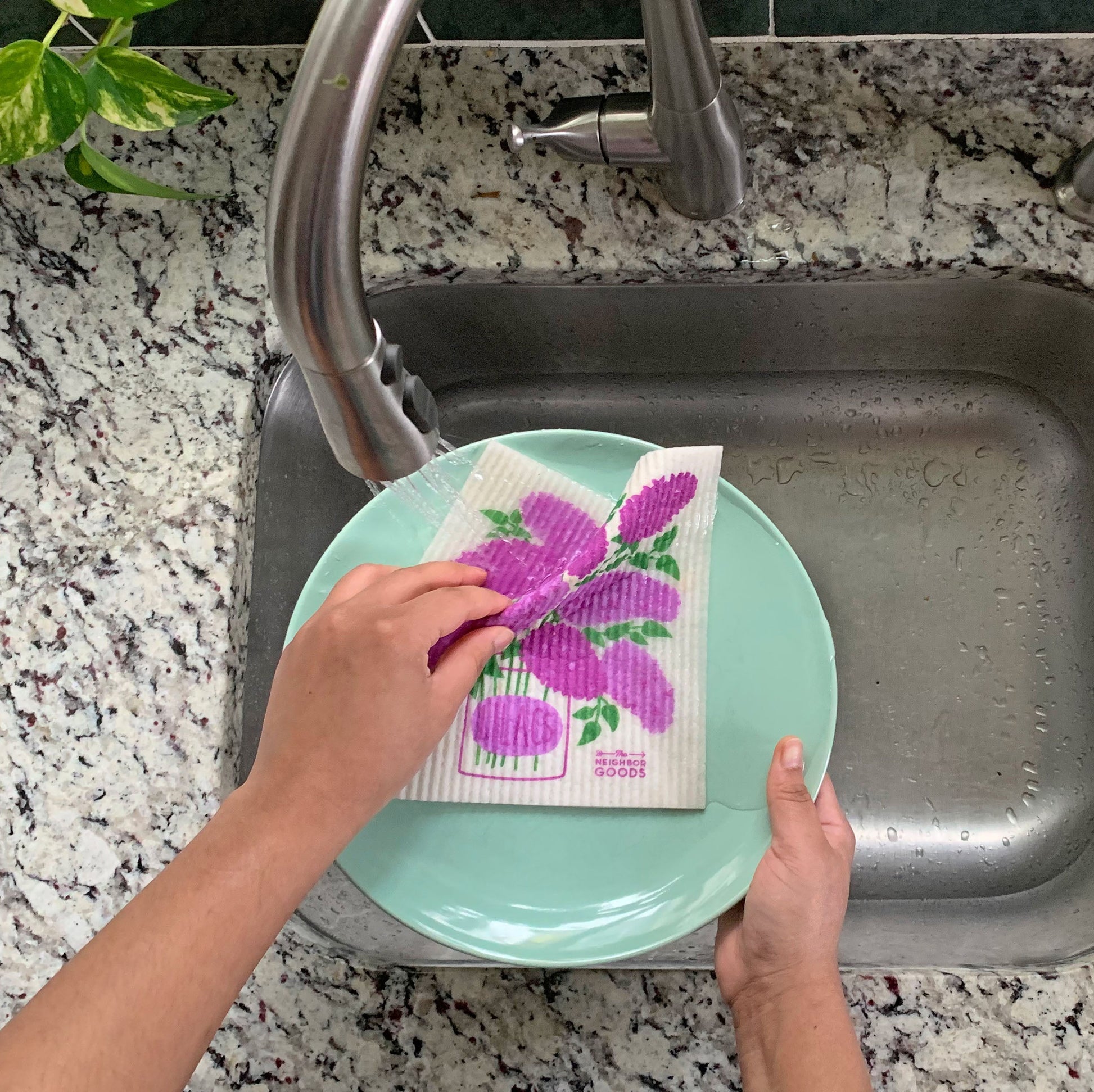 Matching dish towel and sponge cloth set with lilacs design