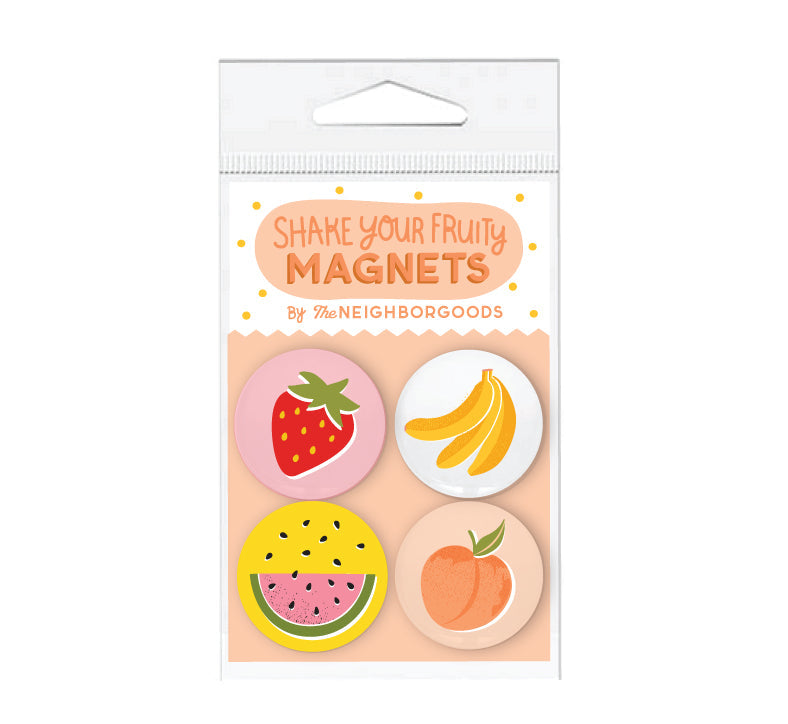 Shake Your Fruity set of 4 magnets with strawberry, banana, watermelon, and peach designs 