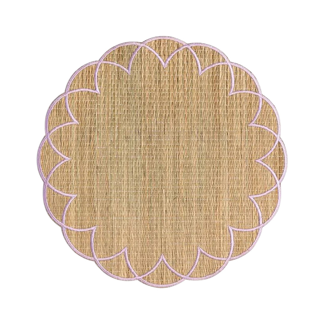 Bali straw placemat with colorful woven accents in lavender by Talah Home — bohemian natural fiber table decor