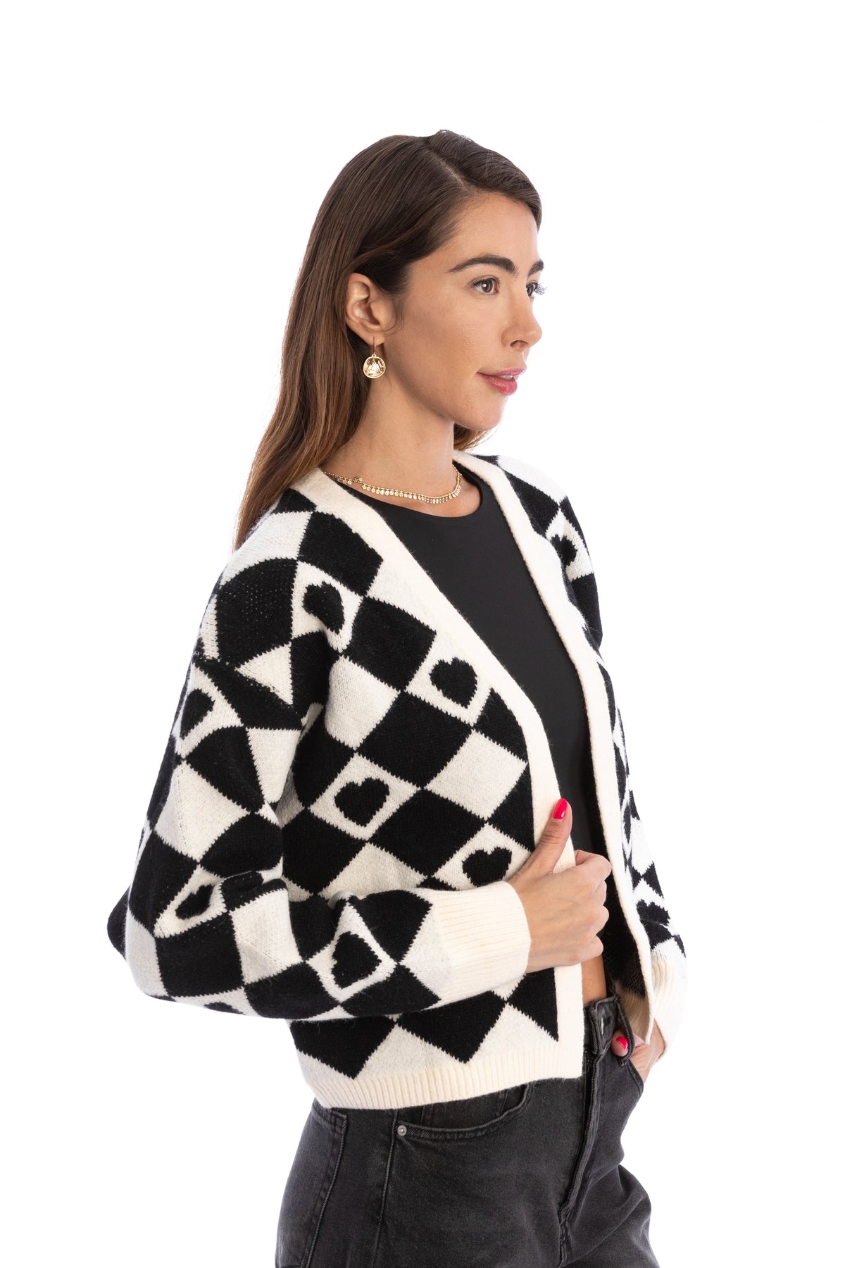 Checkered Hearts Cardigan Cropped - White