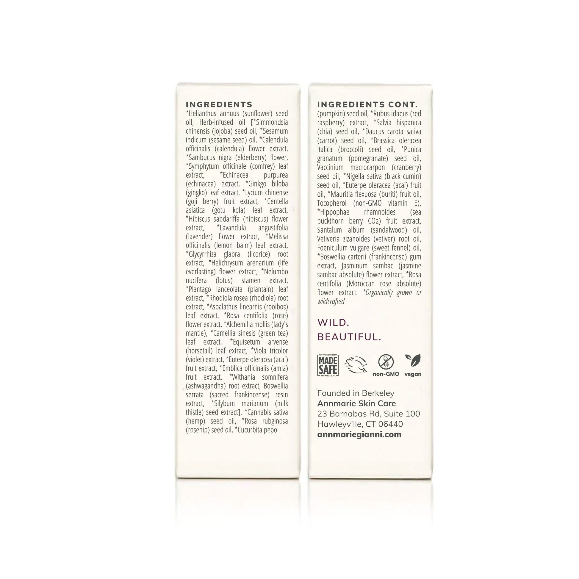 Back of Annmarie Skin Care Anti-Aging Facial Oil packaging displaying full ingredient list including jojoba oil, chia seed oil, pomegranate seed oil, and botanical extracts.
