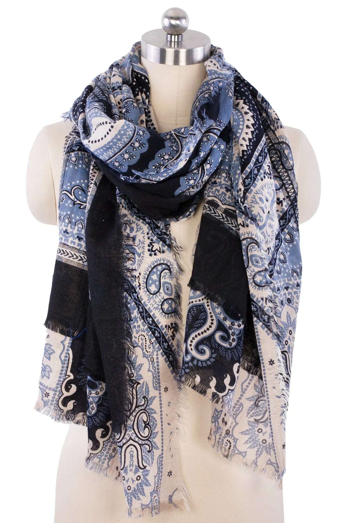 Paisley Patchwork Frayed Scarf - Corn Flower Blue
