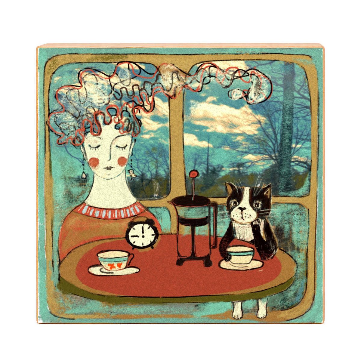 Coffee with Cat day scene art print, front view, mounted on 7/8-inch deep gesso board with natural wood sides
