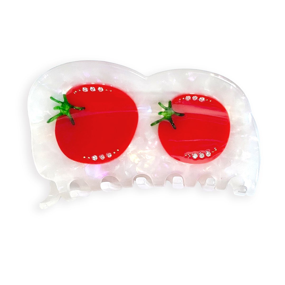 Centinelle best seller Heirloom Tomatoes Hair Claw. Handmade on cellulose acetate, with splice technique, exquisite miniature details and crystals, that are tied directly to its value and make them unique and special. 