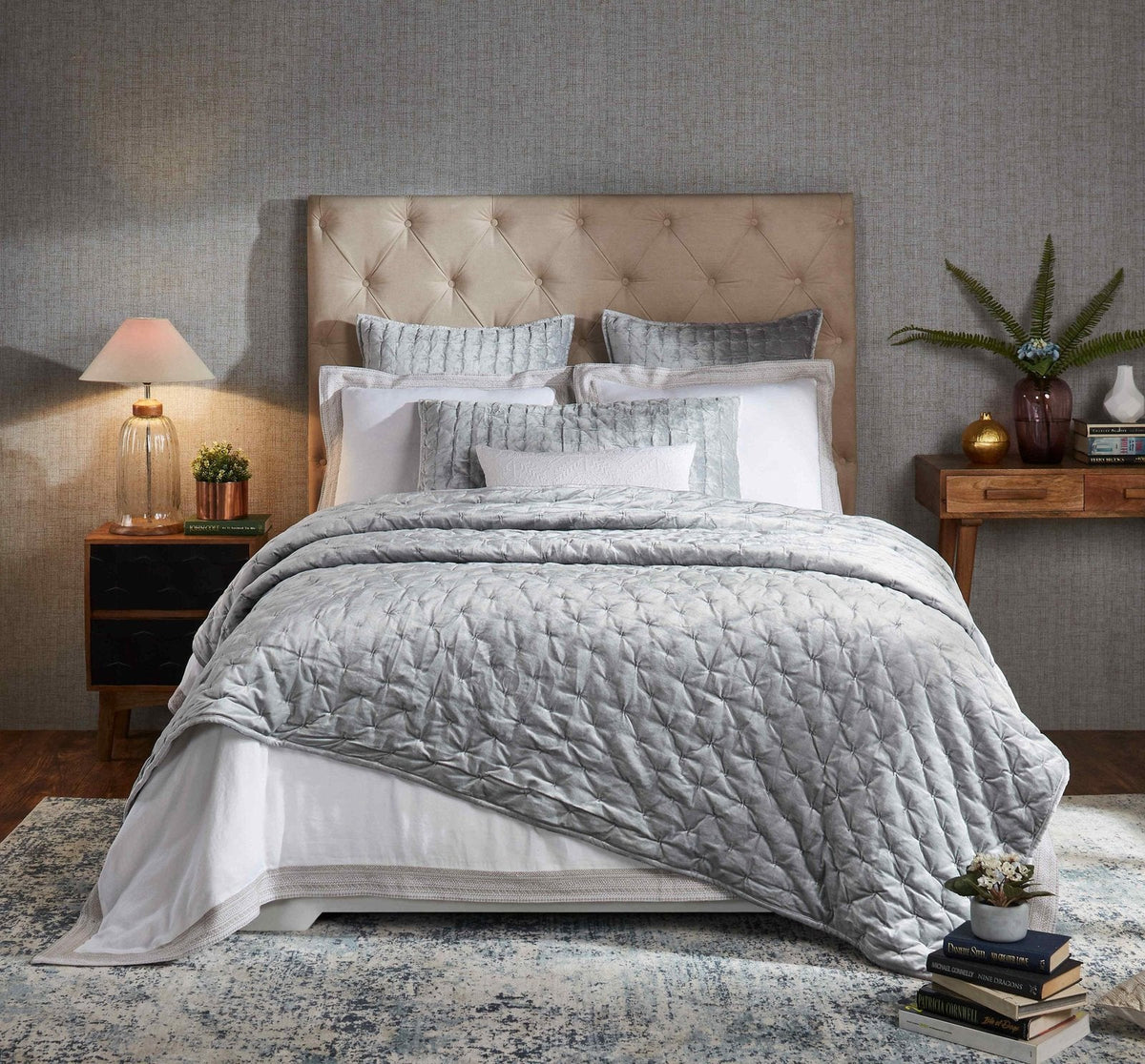 QT-324-9496_1|Stylish gray quilt, featuring a unique dimensional geometric design, offers a contemporary and cozy bedroom update.