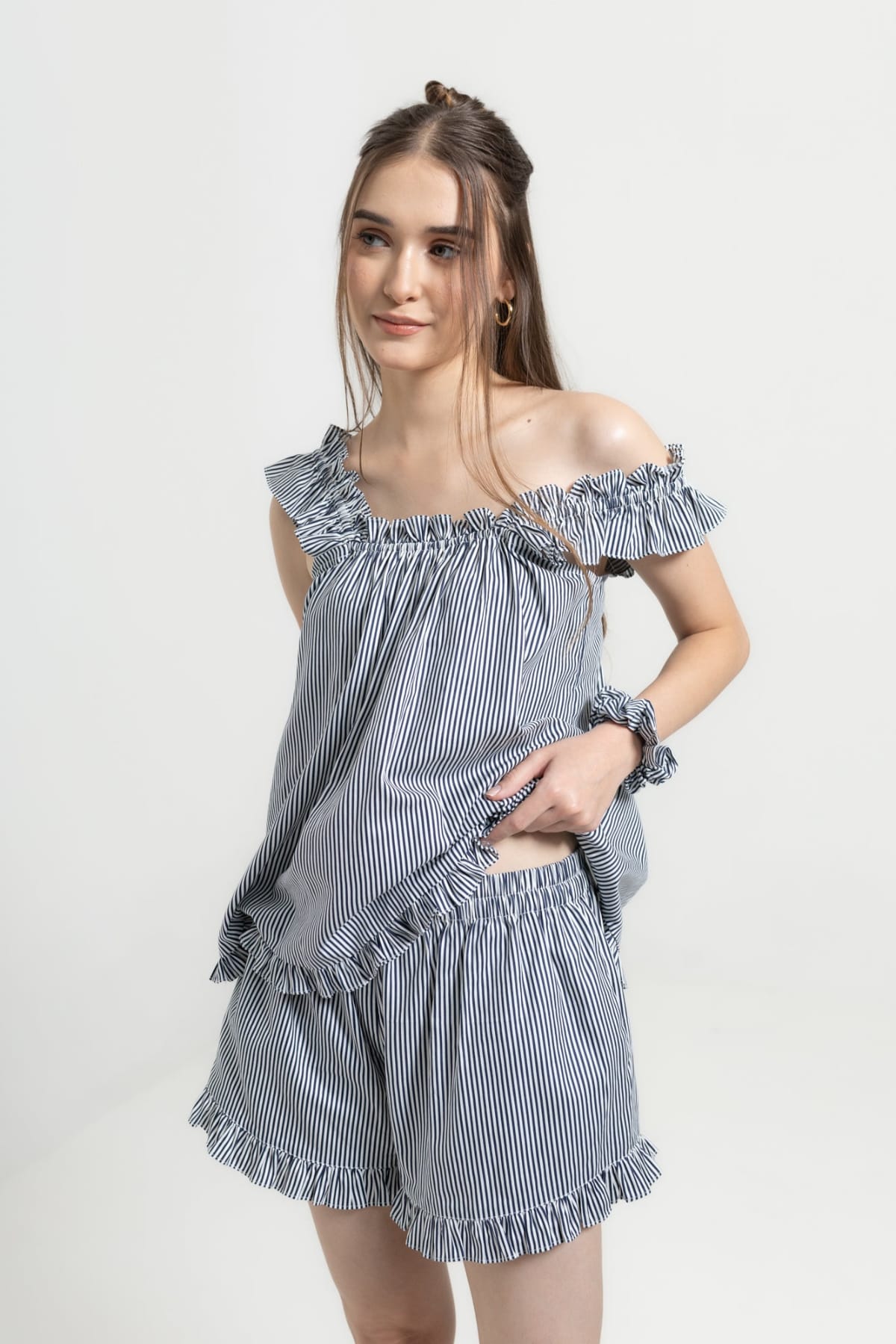 Stella Lounge Set Navy back view — navy stripe cotton resort loungewear set with frill strap detail