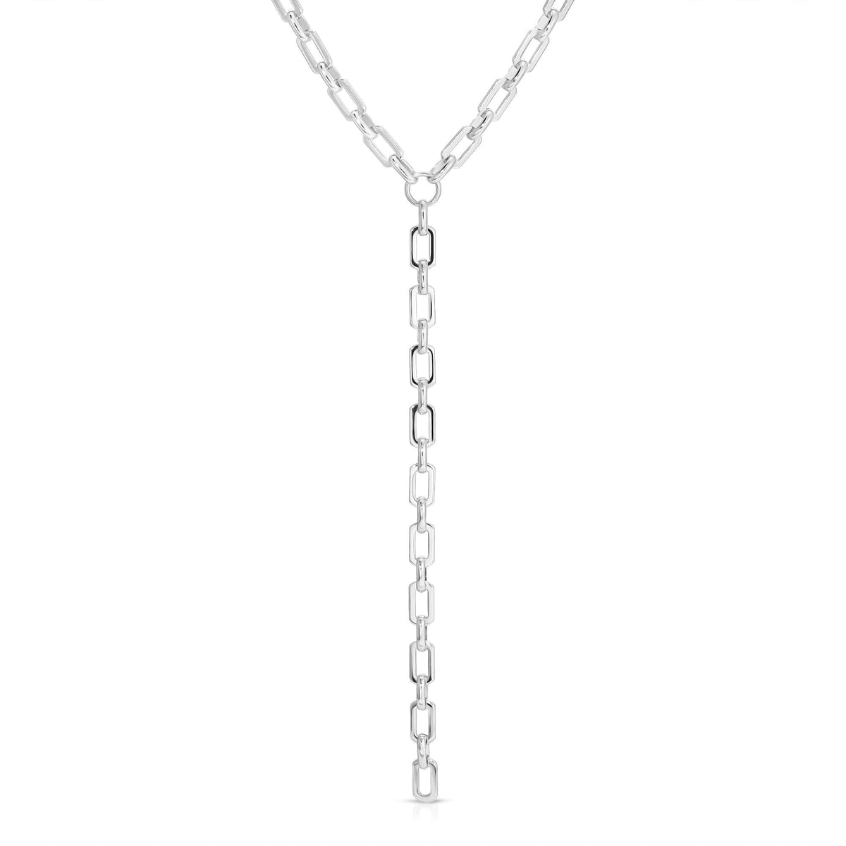 Silver chain Y-necklace from Liv Lariat product line, stylish and trendy jewelry piece