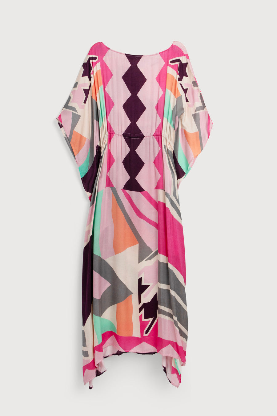 Multicolored Geo Tie Waist Keyhole Kaftan - Pink