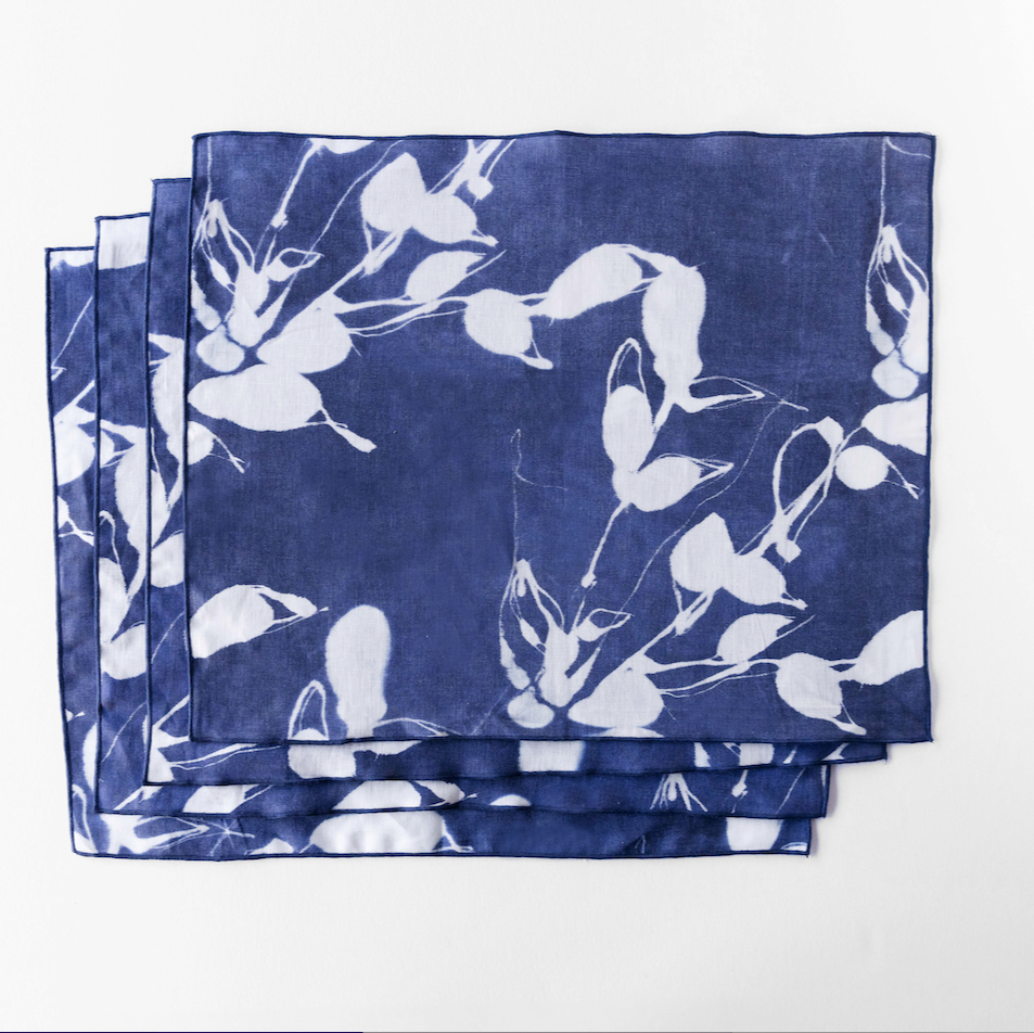 Porto Print Indigo linen placemat flat lay close up detail - Goldie Home