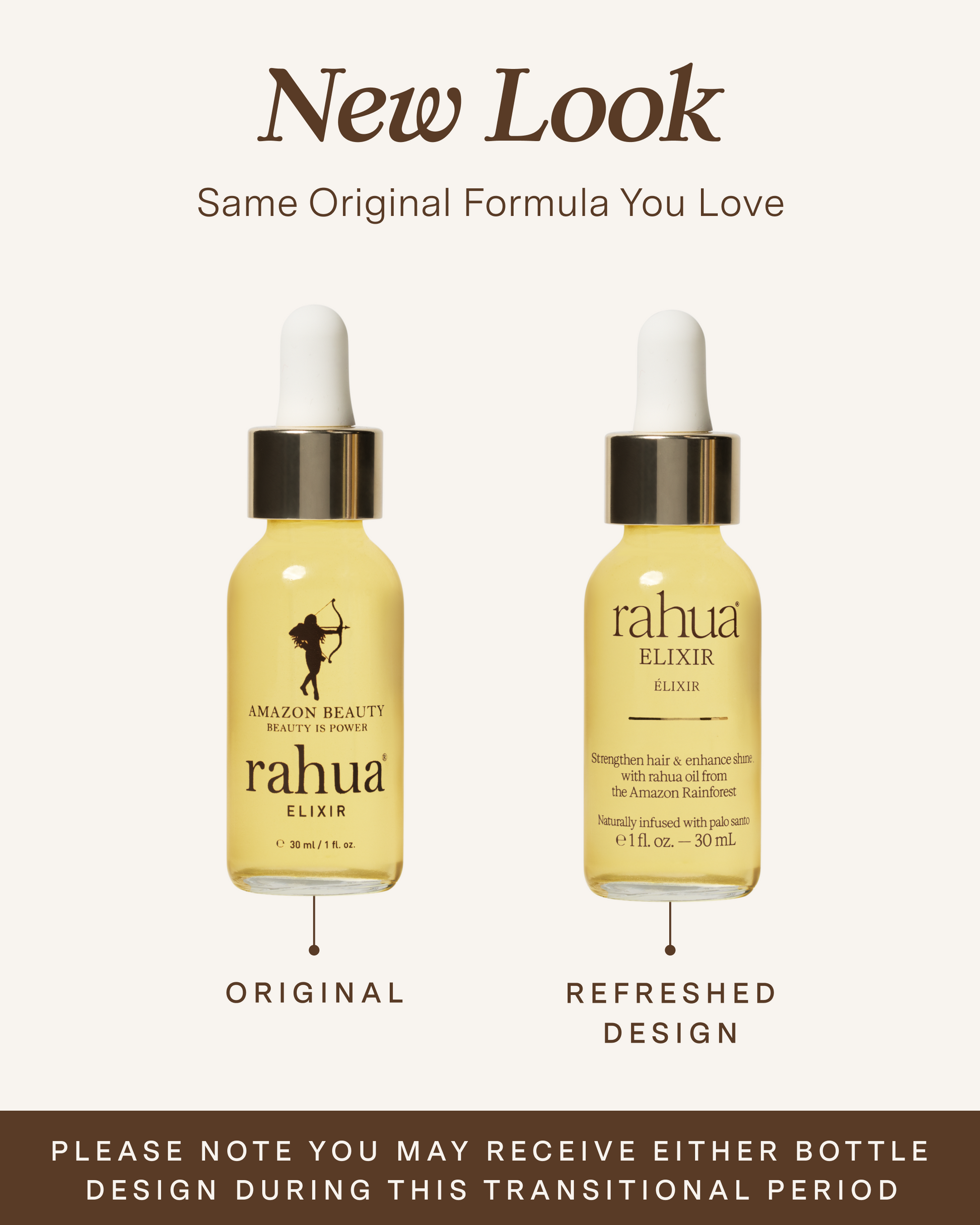Two bottles of Rahua Elixir with text indicating a new look but same original formula.|variant:015-oz