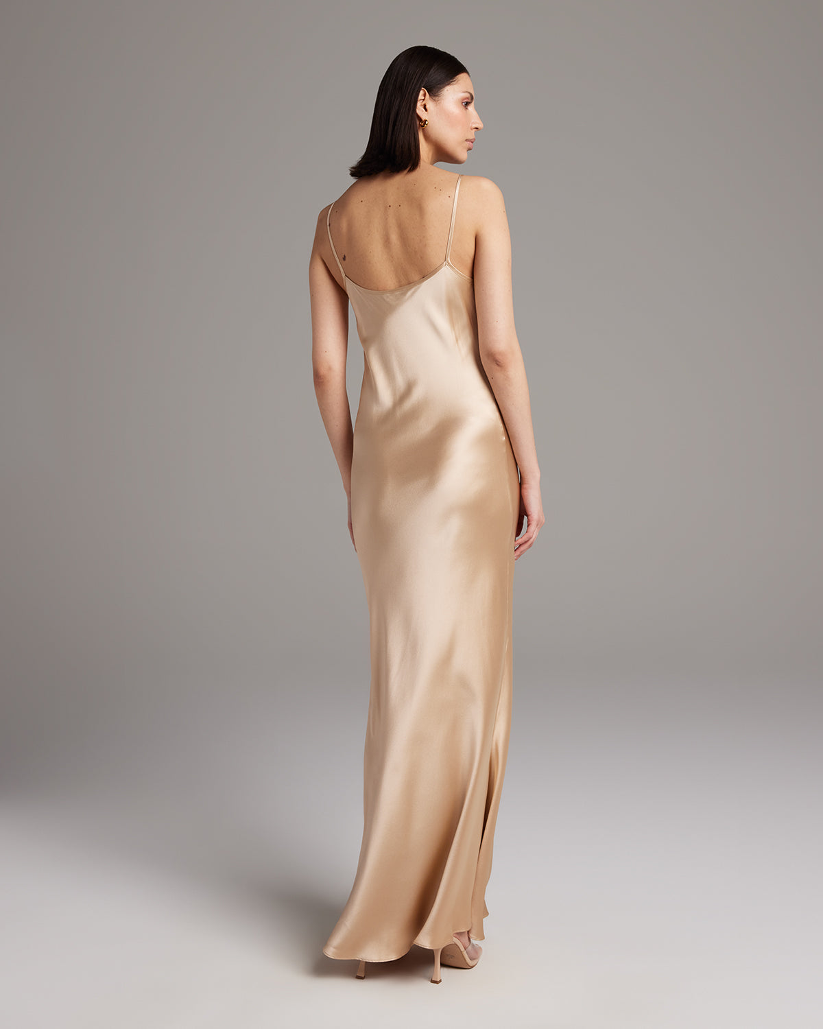 Back view of Liquid Silk Slipdress in a neutral tone
