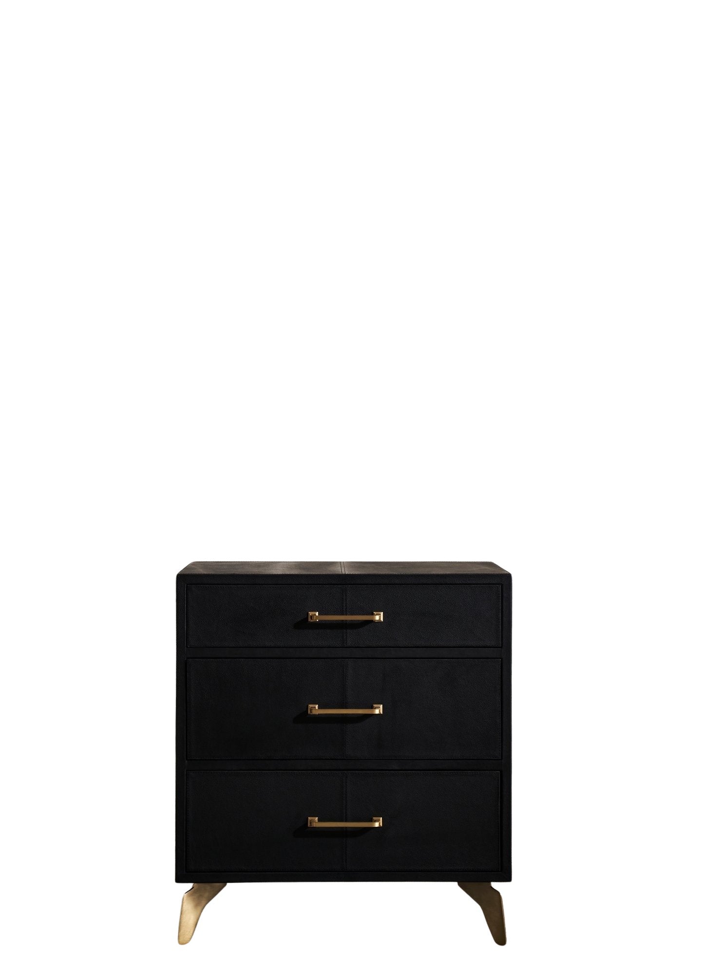 FN-5200-262028_7|Close-up of the top two drawers of a black leather furniture dresser with gold handles, showcasing premium craftsmanship.