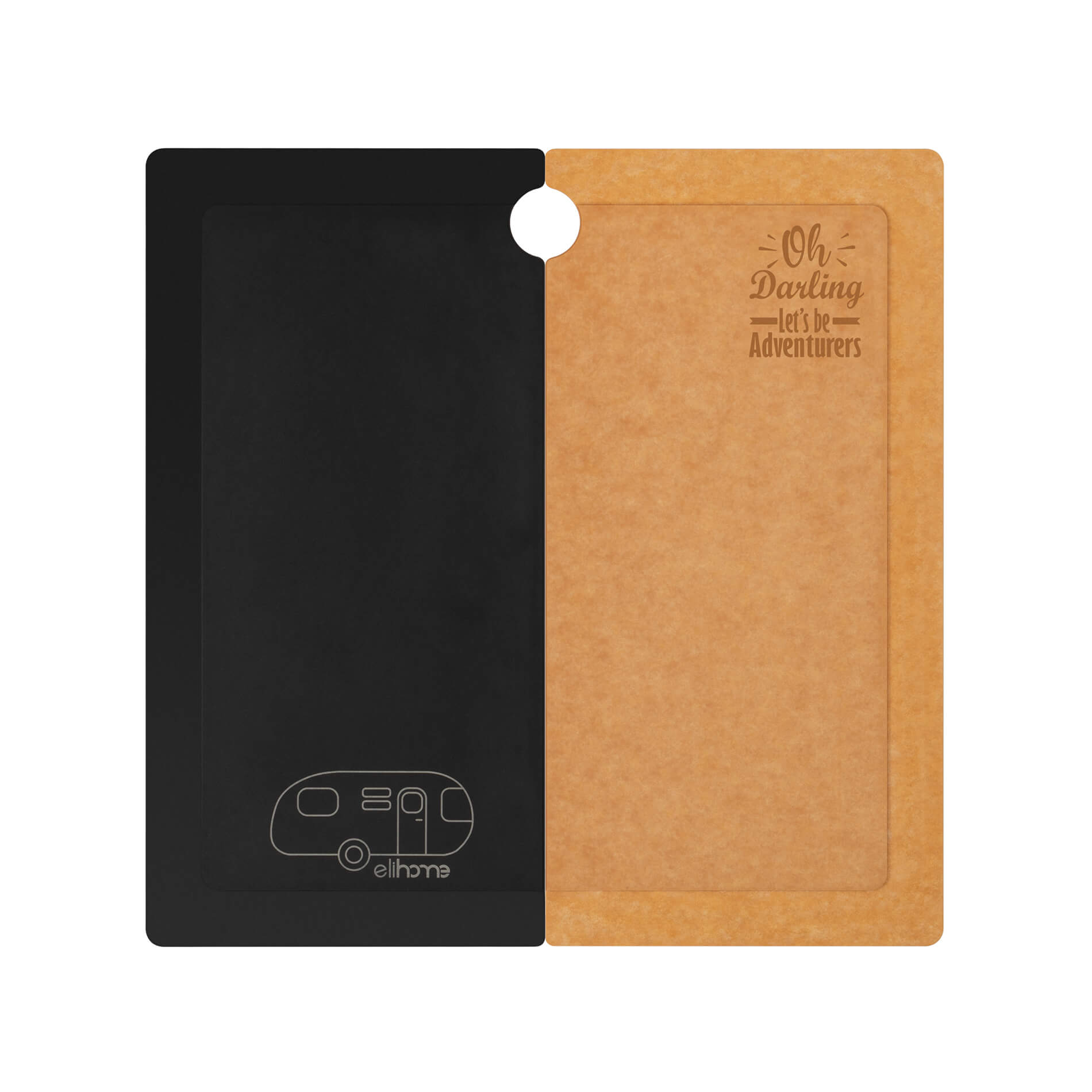 Elihome custom-fit Airstream RV sink cover and wood fiber cutting board. The design features a black section with an RV logo and a tan section engraved with the phrase "Oh Darling, Let's Be Adventurers.