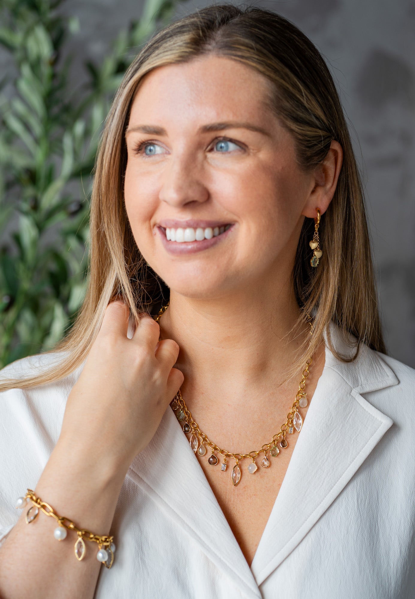 Single strand Gemstone Charm Necklace with gold chain and neutral gemstone charms, handcrafted by Loni Paul Jewelry.