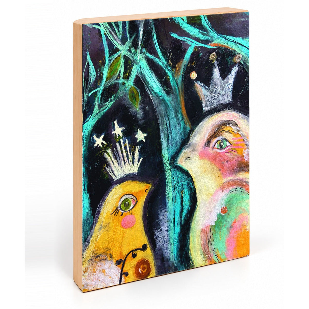 New Friend two-bird art print, angled view of the 7/8-inch deep gesso board with natural wood sides