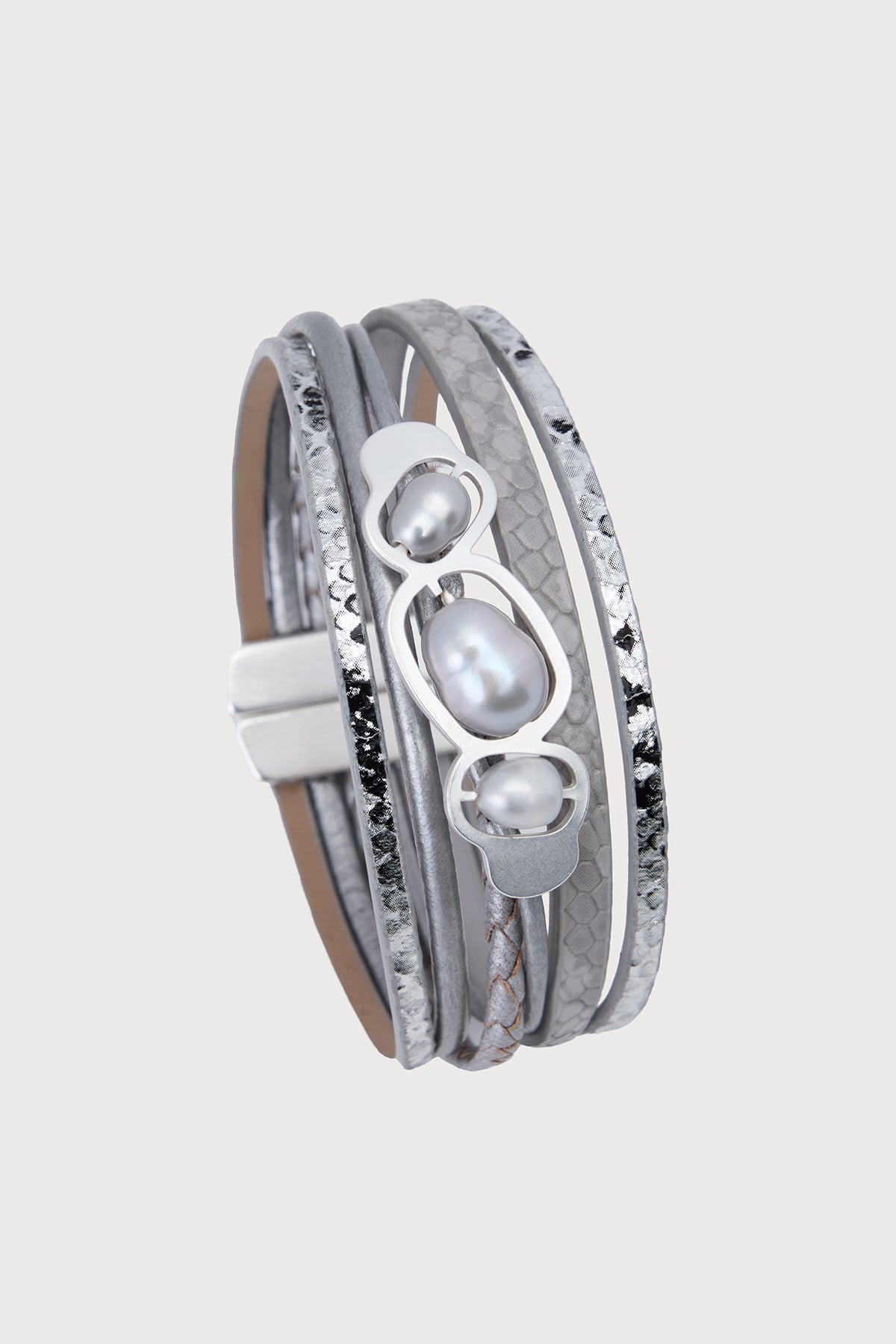 Multi Pearl Leather Bracelet - Silver