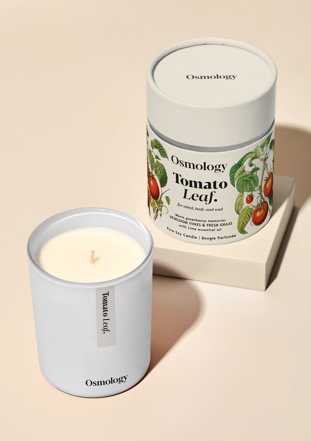 Tomato Leaf candle by Aery displayed next to product packaging on white background 