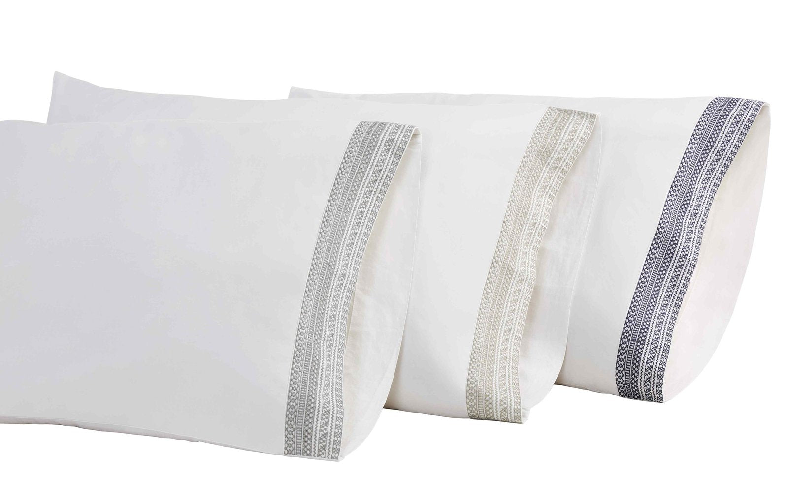 ASP-503-2032_2|Collection of three premium white 100% cotton pillowcases with assorted embroidered trims, enhancing bed decor.