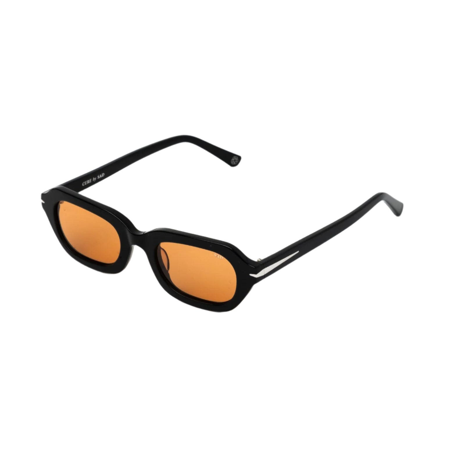 Black sunglasses with orange lenses on a white background